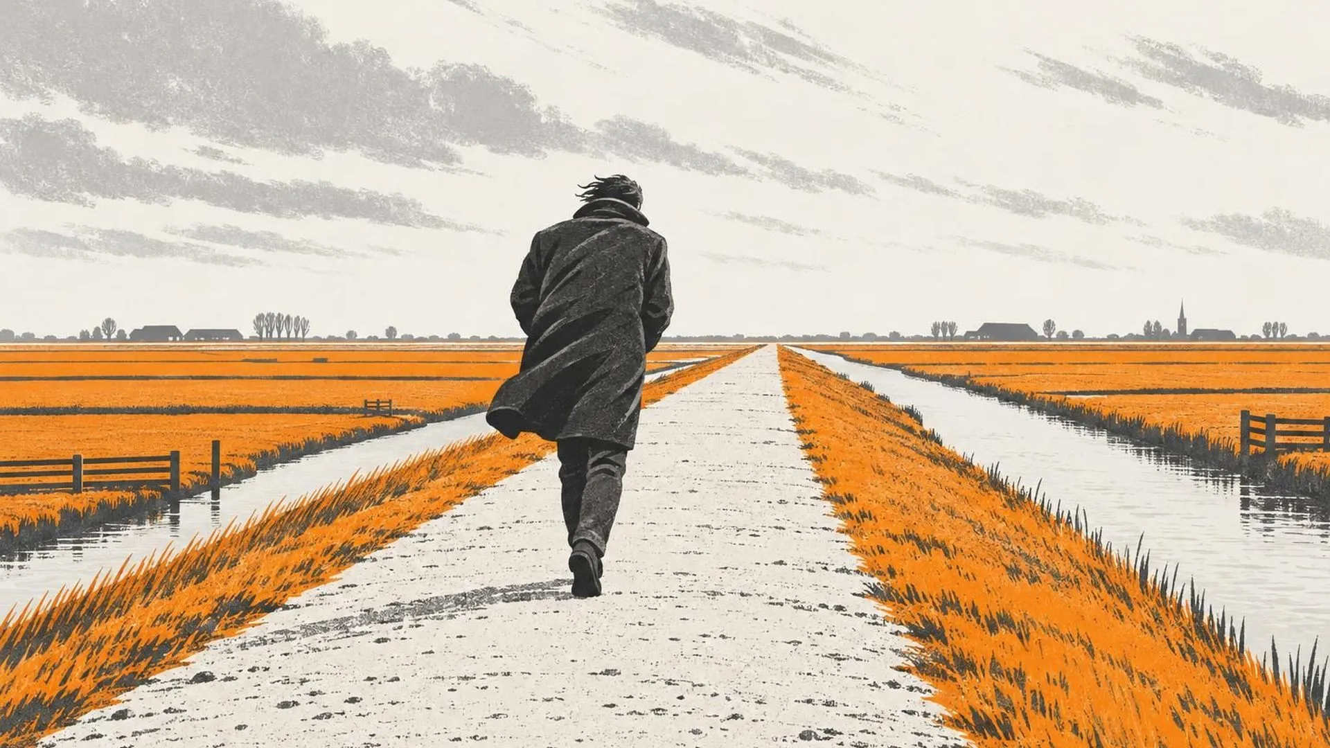 Een eenzame figuur die tegen de wind in over een dijk loopt, met vlak Nederlands land aan weerszijden tot aan de horizon.