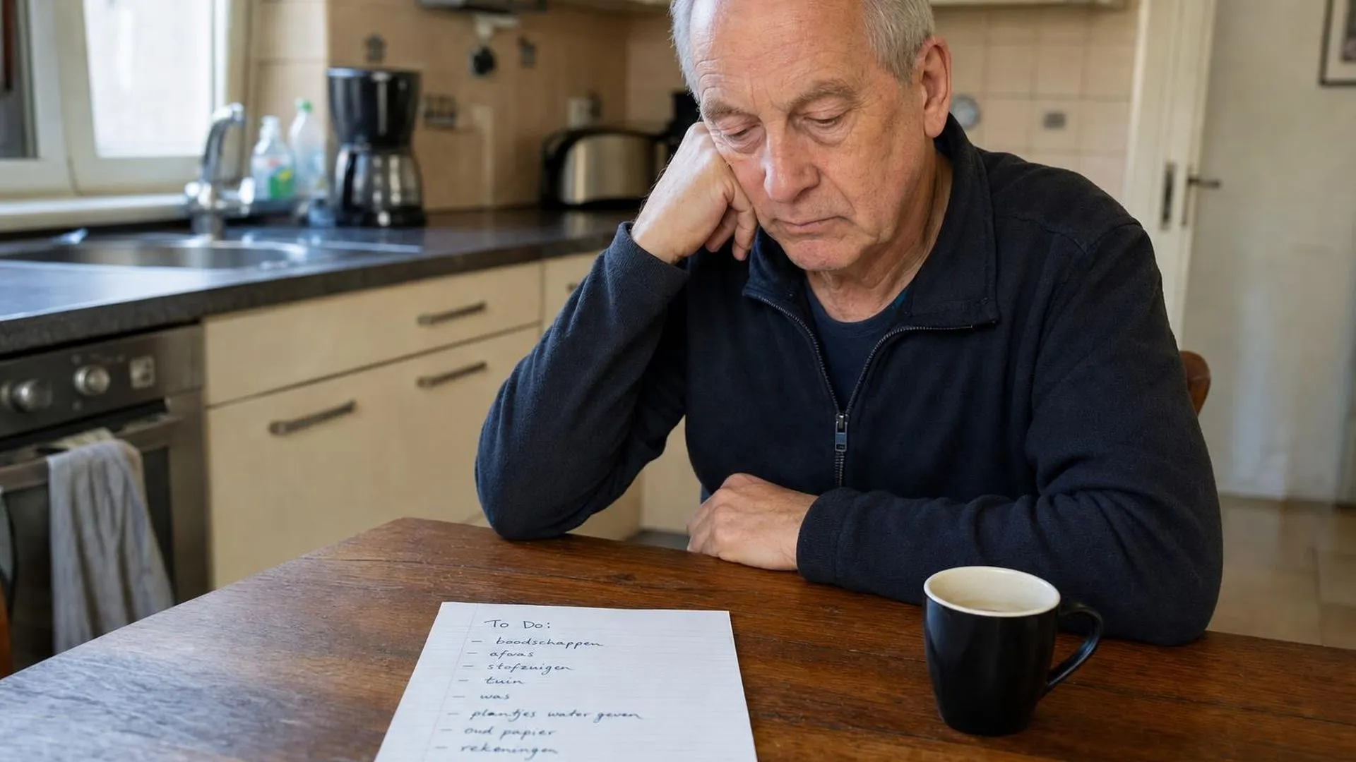 Persoon zit aan keukentafel en staart naar een lijst, met een onaangeraakt kopje koffie ernaast