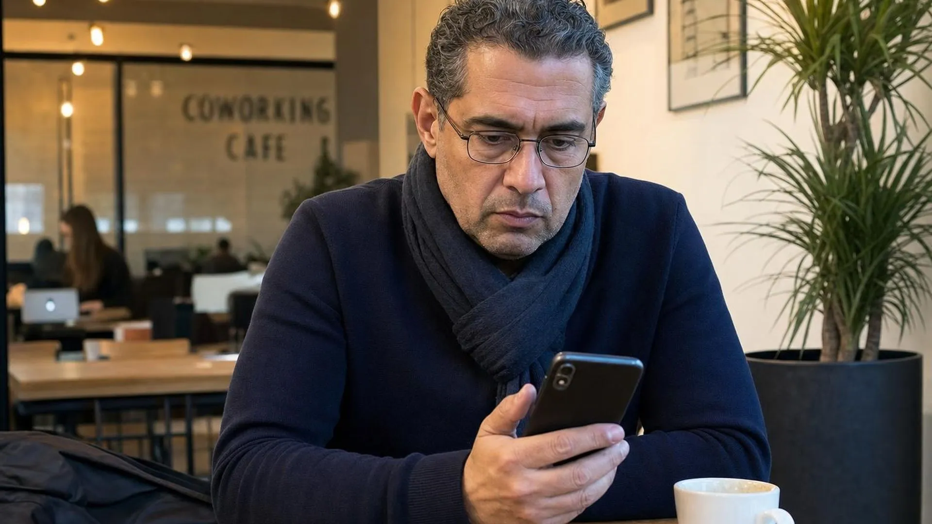 Iemand zit aan een cafétafel en staart afwezig naar zijn telefoon, koffie onaangeroerd