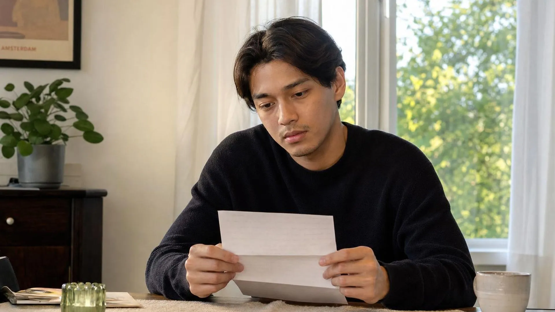 Persoon zit aan eettafel met een brief in de hand, middaglicht door het raam