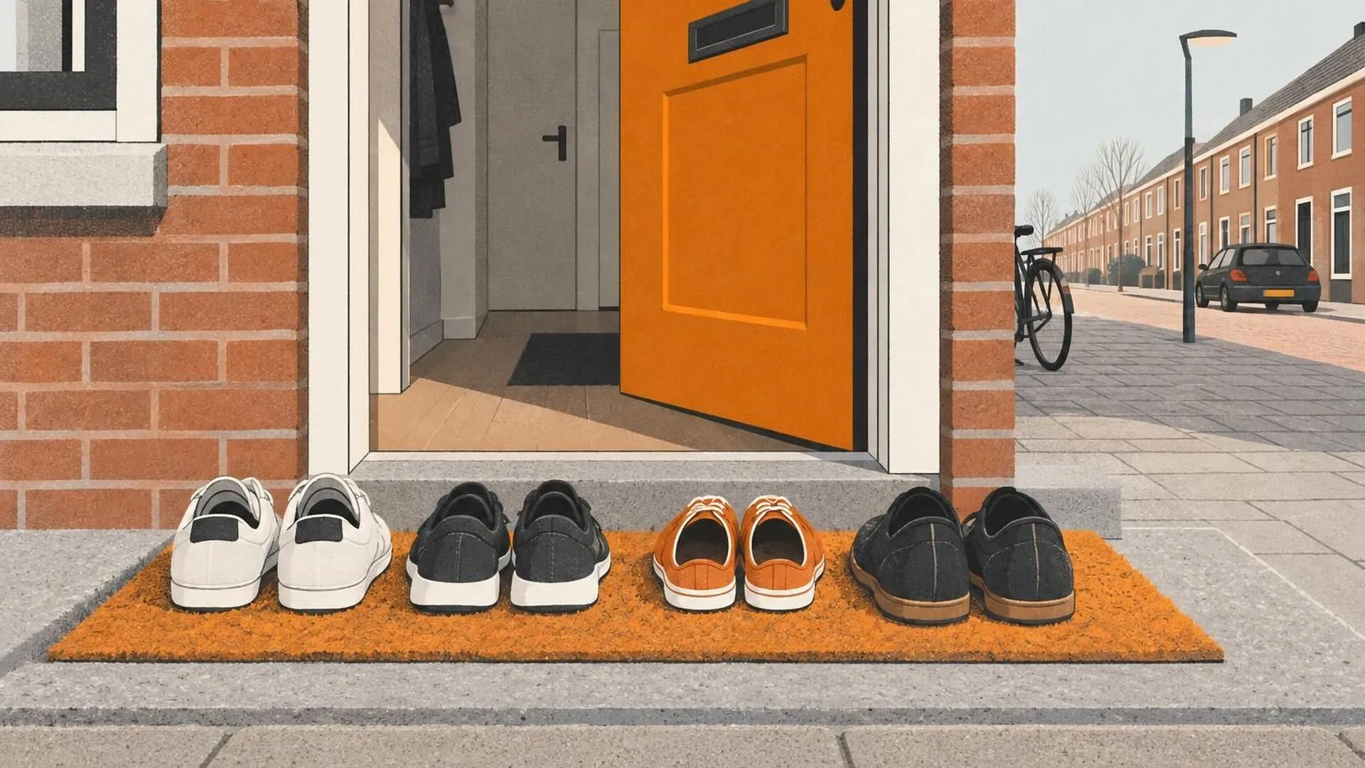 Een rij schoenen staat bij de voordeur, allemaal met de neus naar buiten gericht, op één paar na dat nog naar binnen gekeerd staat.