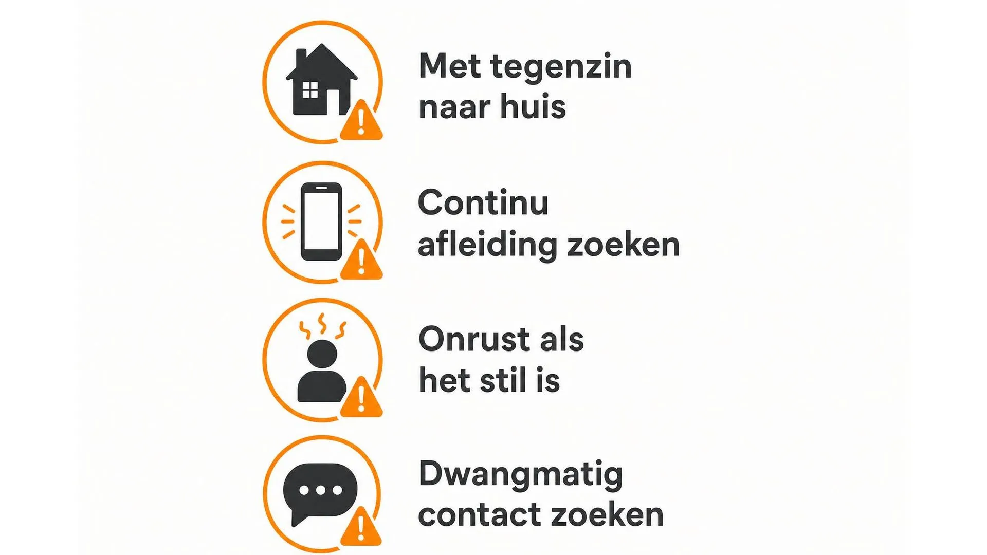 Vier signalen dat je moeite hebt met alleen zijn: met tegenzin naar huis, afleiding zoeken, onrust bij stilte en dwangmatig contact zoeken
