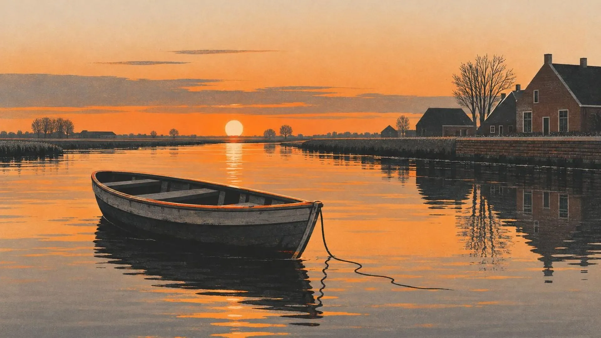 Een lege roeiboot die los van de kant op een stil Nederlands kanaal drijft in de schemering, het touw slap in het water.