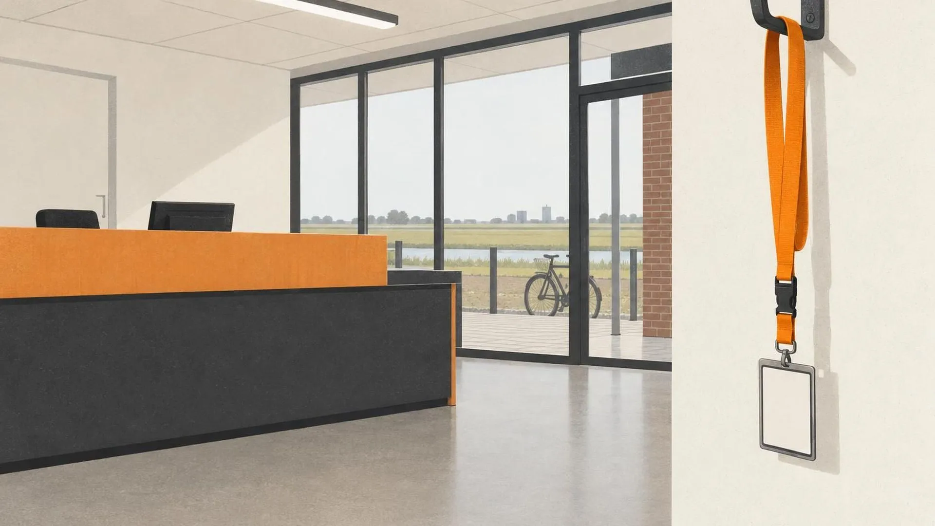 Een bezoekerspasje dat alleen aan een leeg haakje naast een receptiebalie hangt, tl-licht erboven, verder niemand in de ruimte.