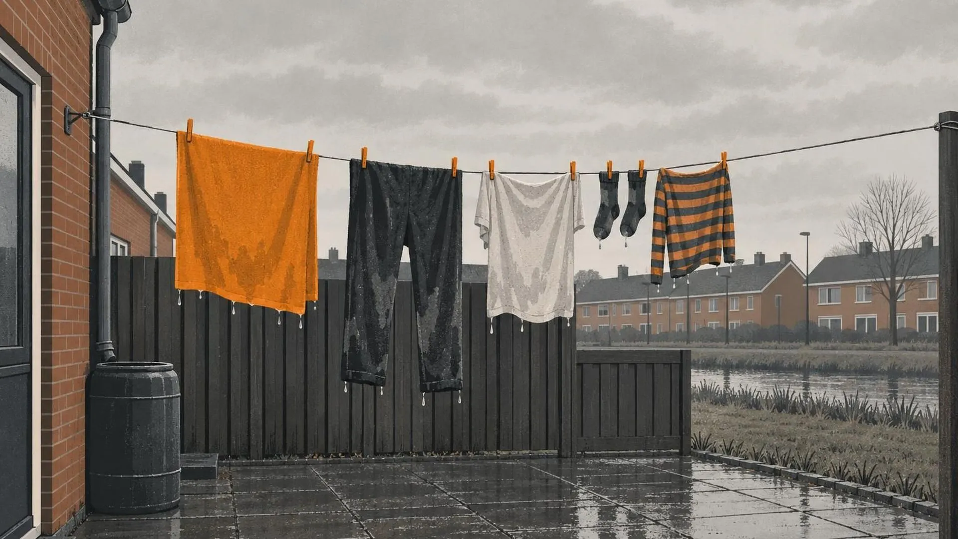 Een Nederlandse achtertuin met een waslijn onder een grijze lucht, wasgoed dat nog hangt maar zichtbaar vochtig is van dagenlange regen.