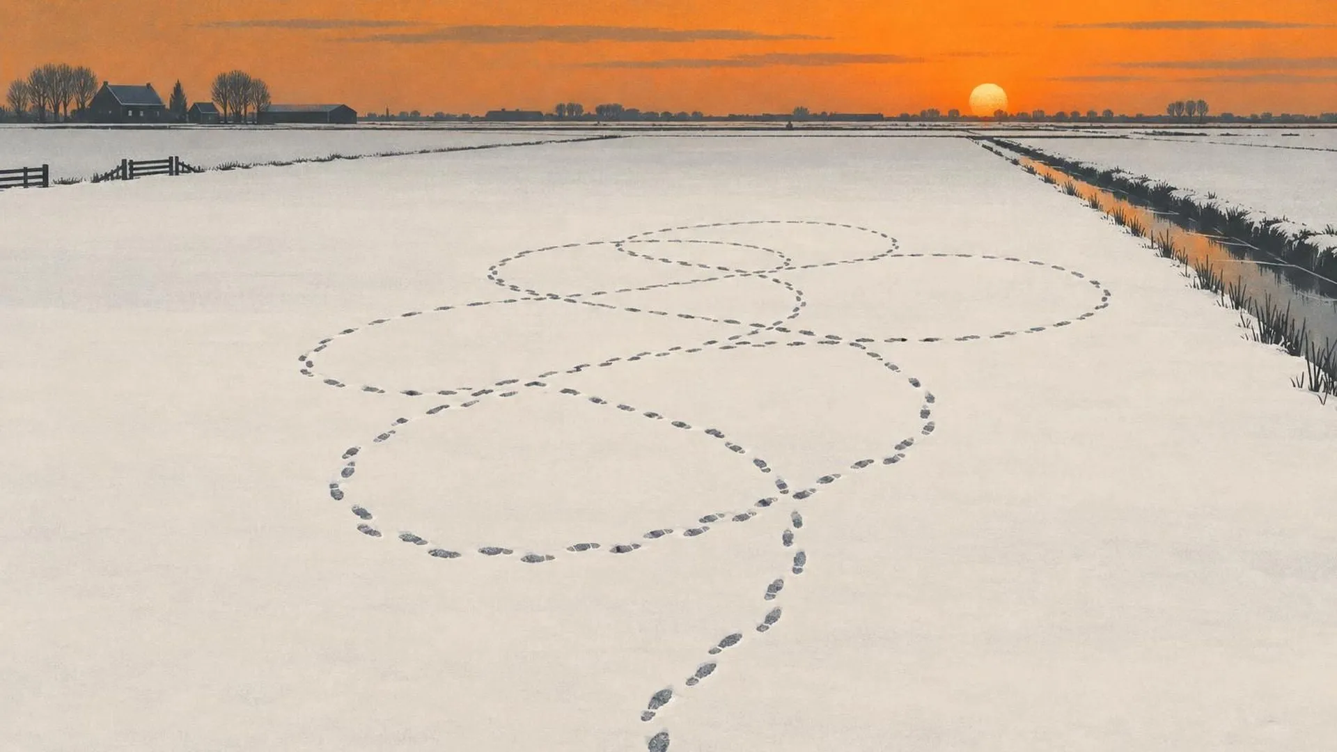 Van bovenaf: voetstappen in de sneeuw die keer op keer in dezelfde cirkel teruglopen over een leeg veld.