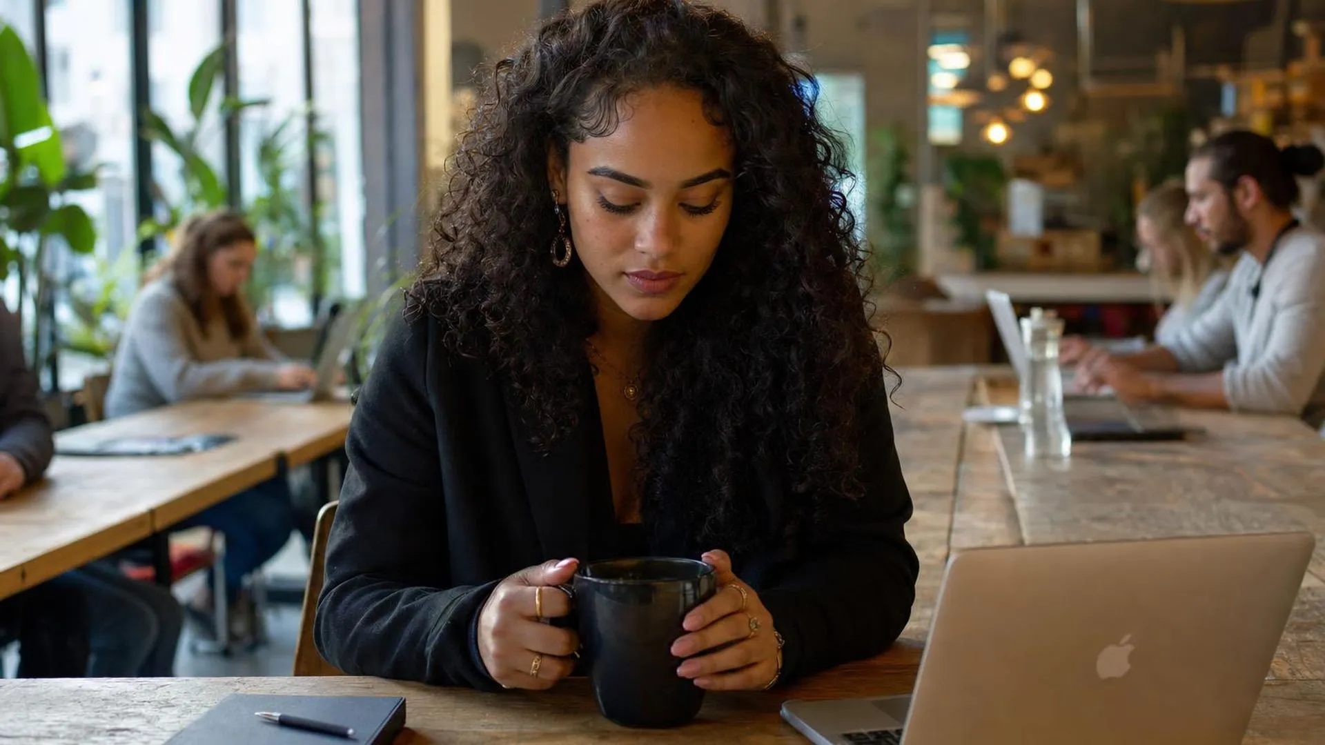 Persoon zit gespannen aan een cafétafel, zenuwachtig en in gedachten verzonken