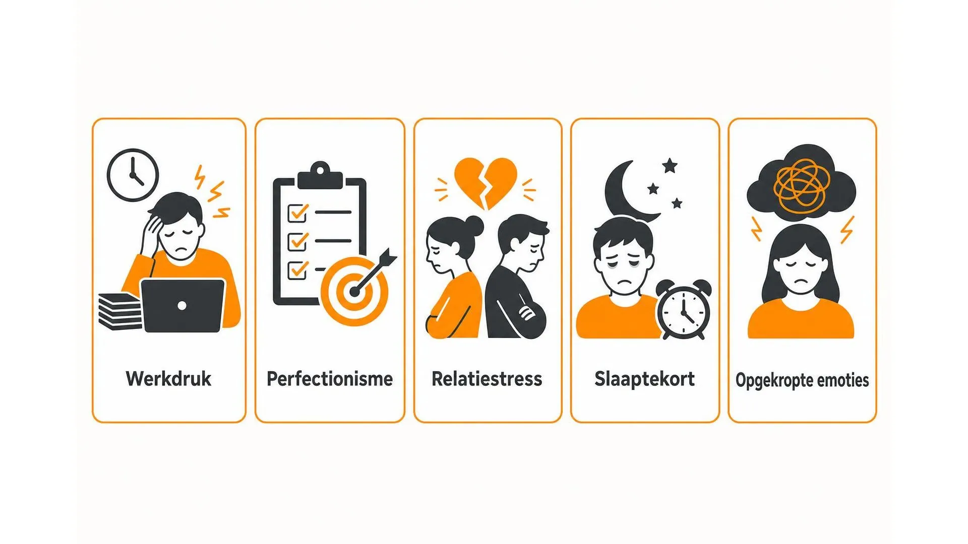 Vijf veelvoorkomende oorzaken van nervositeit: werkdruk, perfectionisme, relatiestress, slaaptekort en opgekropte emoties