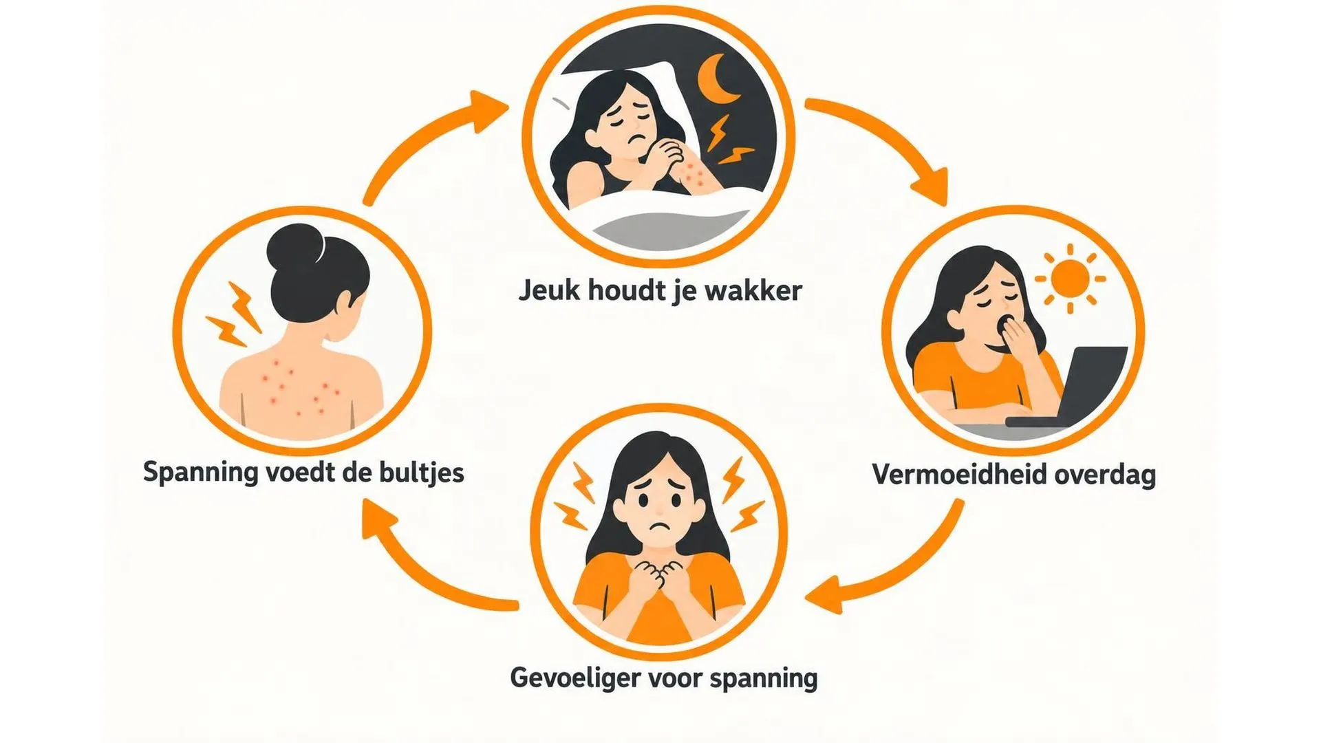 Cirkeldiagram van vier stappen: jeuk houdt wakker, dat maakt vermoeid, dat maakt gevoeliger voor spanning, en die spanning voedt de bultjes weer.