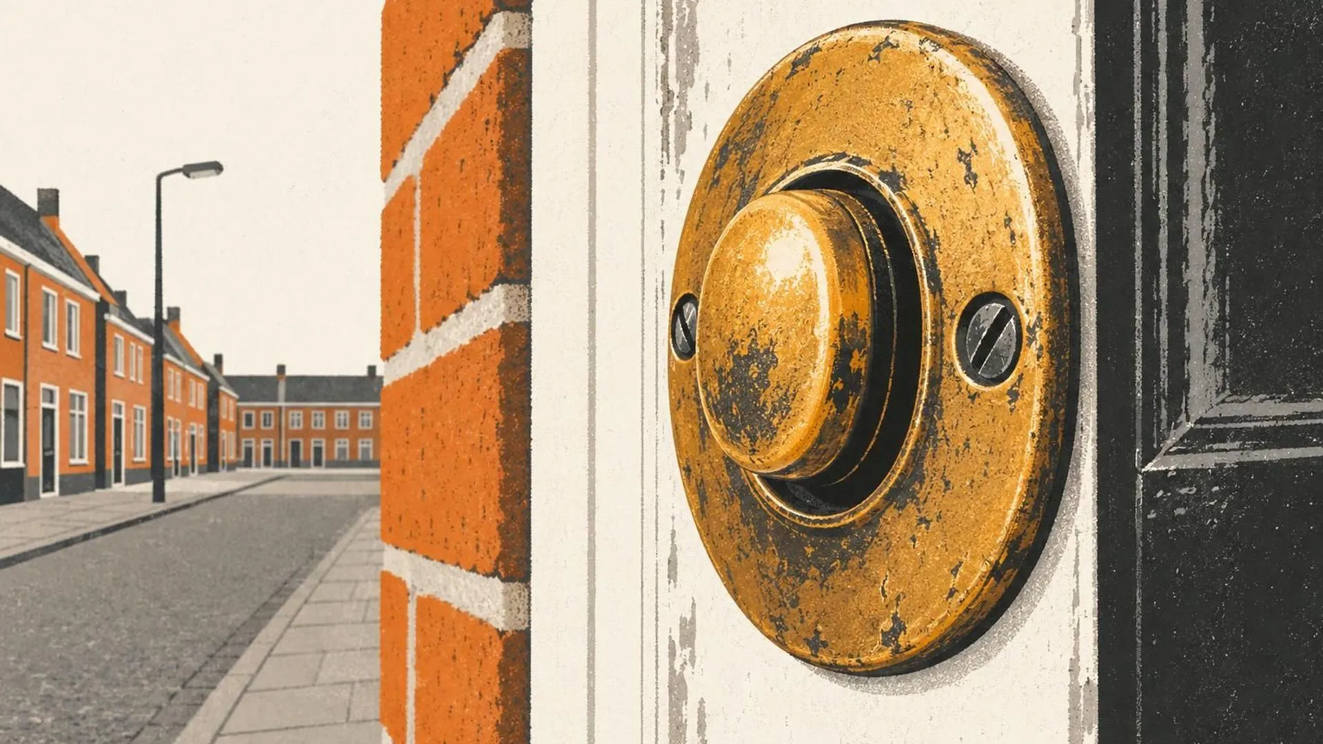 Close-up van een oude koperen deurbel die glimmend versleten en een beetje los is van veel te vaak ingedrukt worden.