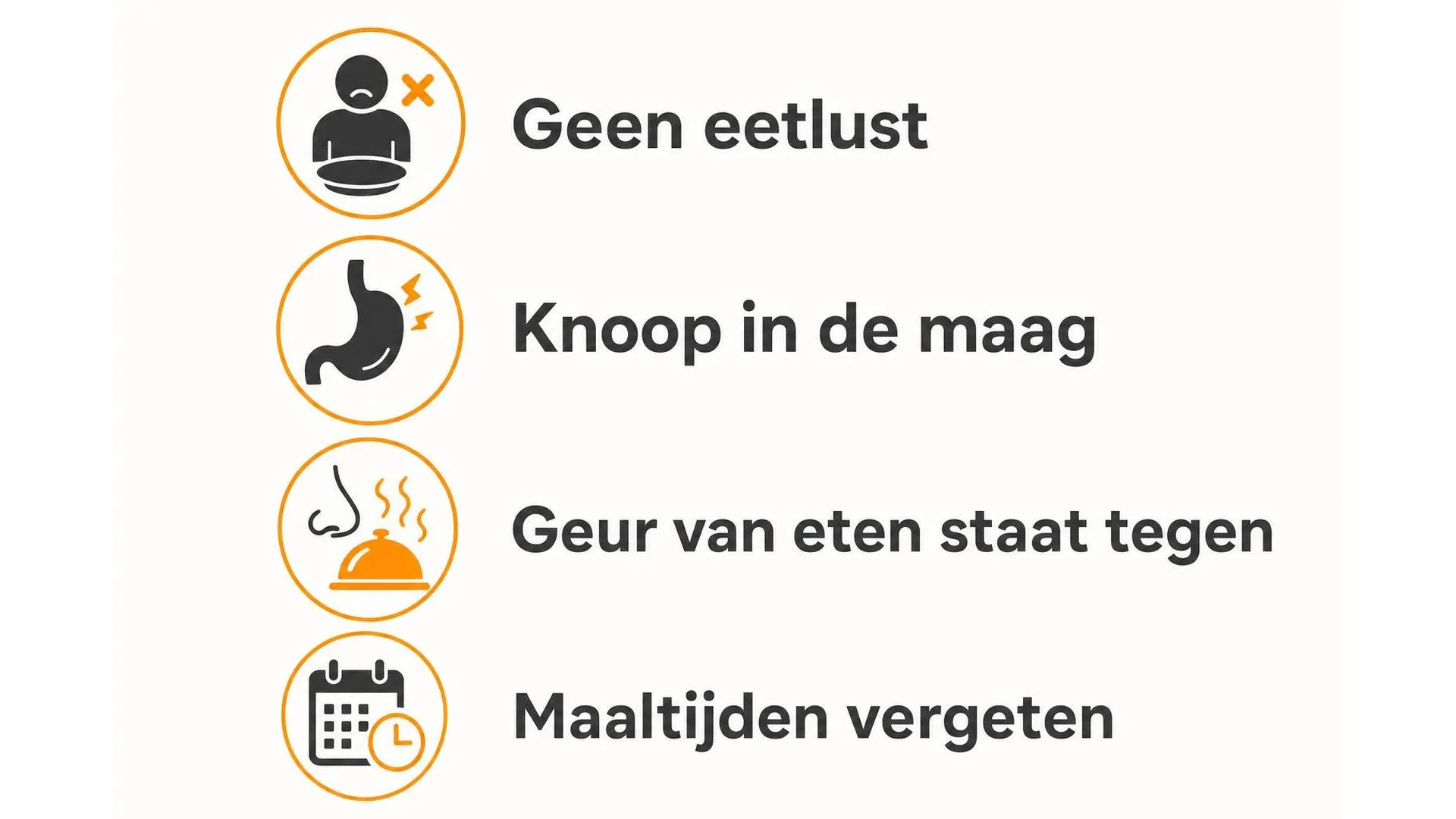 Vier signalen dat je niet kunt eten door stress: geen eetlust, knoop in de maag, geur staat tegen, maaltijden vergeten