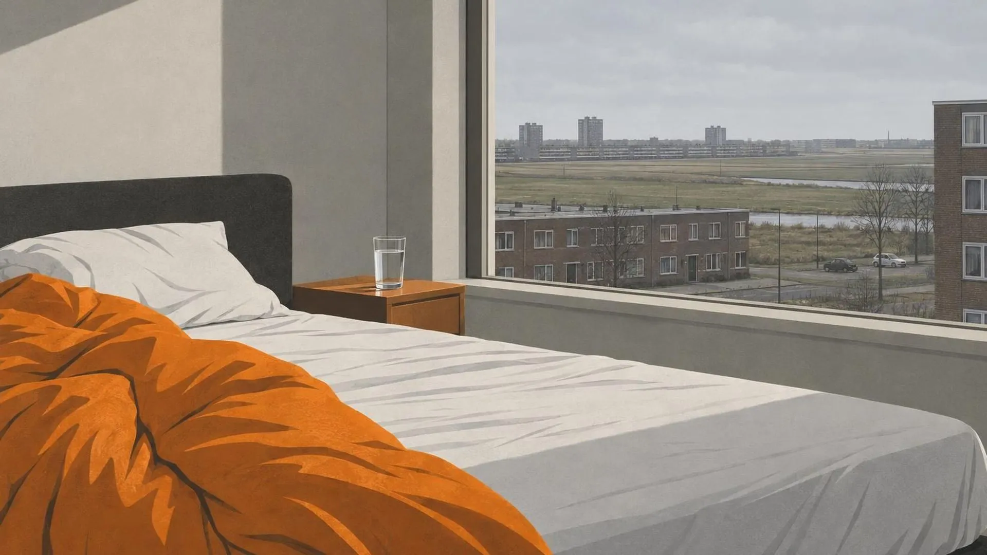 Een bed waarvan het dekbed maar aan één kant is opengeslagen, met vlak ochtendlicht en een vol glas water dat onaangeroerd is