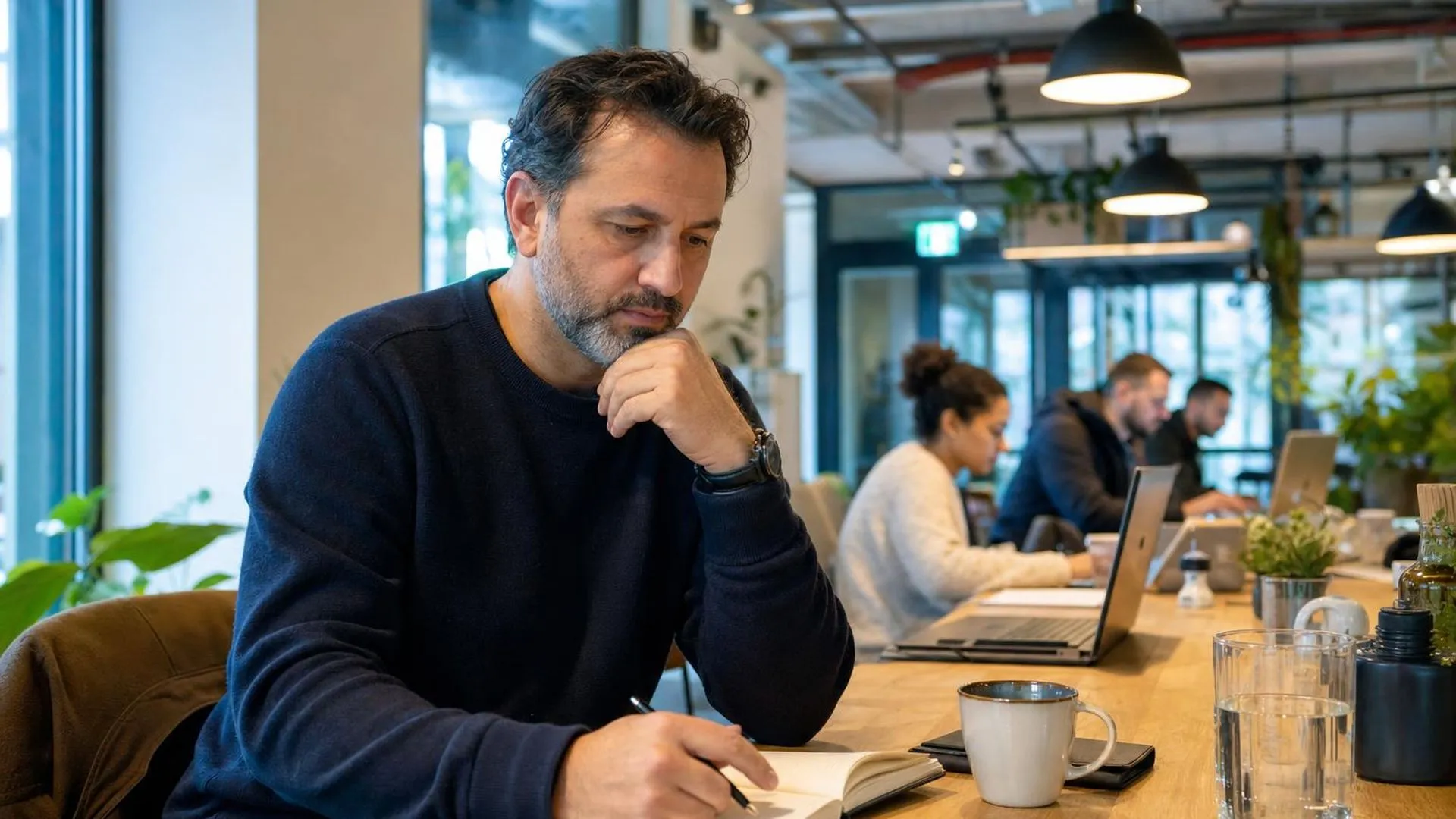 Persoon zit peinzend aan een tafel in een café en kijkt naar een notitieboek