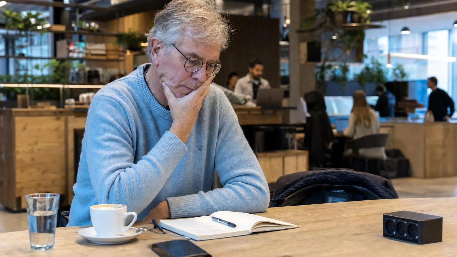 Persoon die onzeker voor zich uit kijkt aan een werktafel