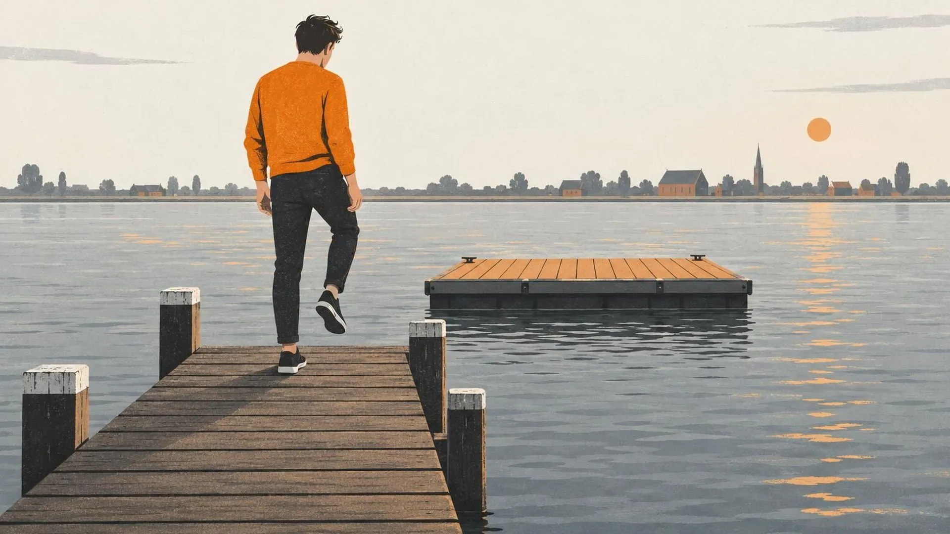 Iemand staat aan het eind van een houten steiger boven het water, met één voet geheven, aarzelend voor de stap naar het drijvende dek.