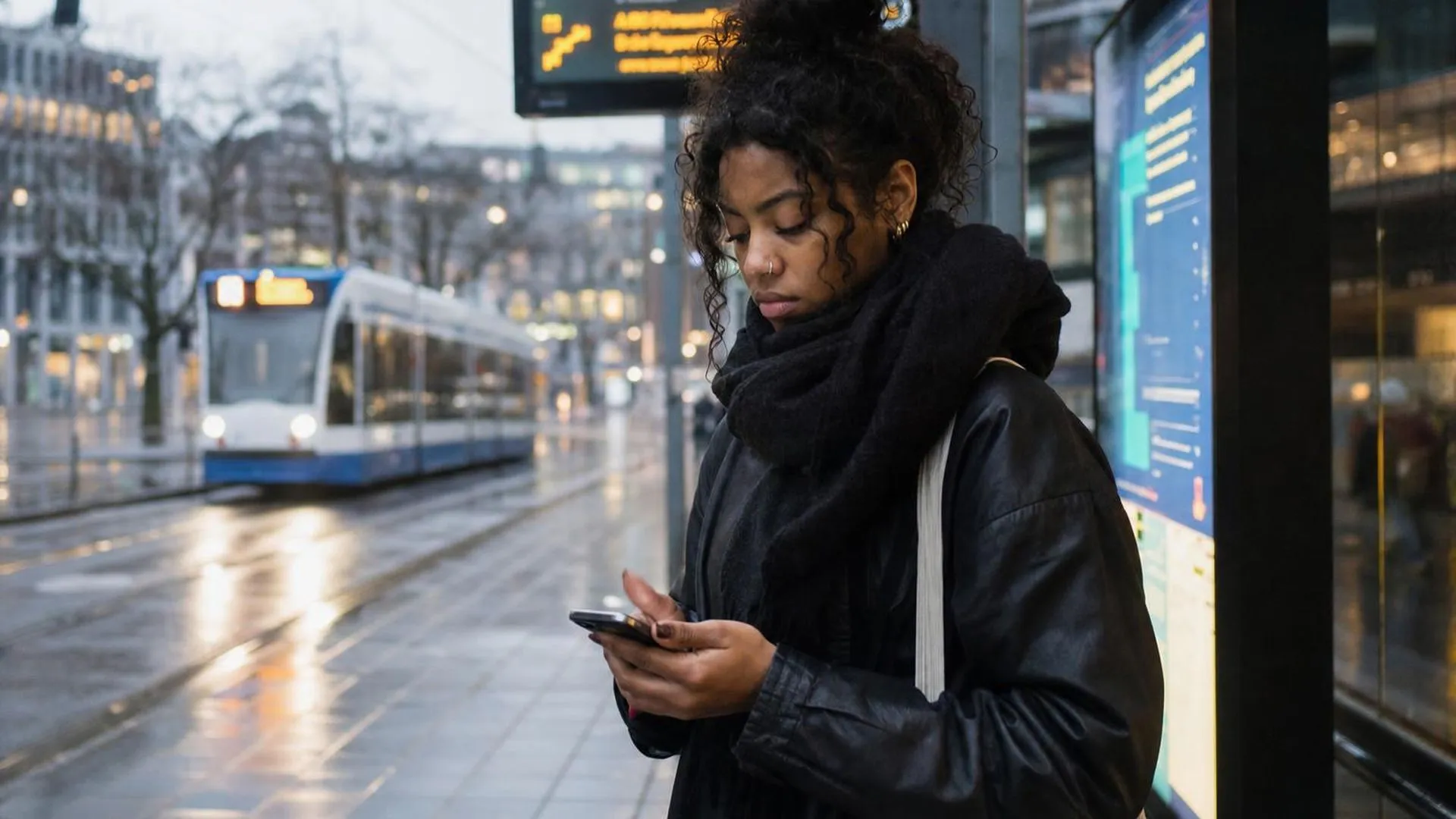 Persoon op een tramhalte die vermoeid naar zijn telefoon kijkt