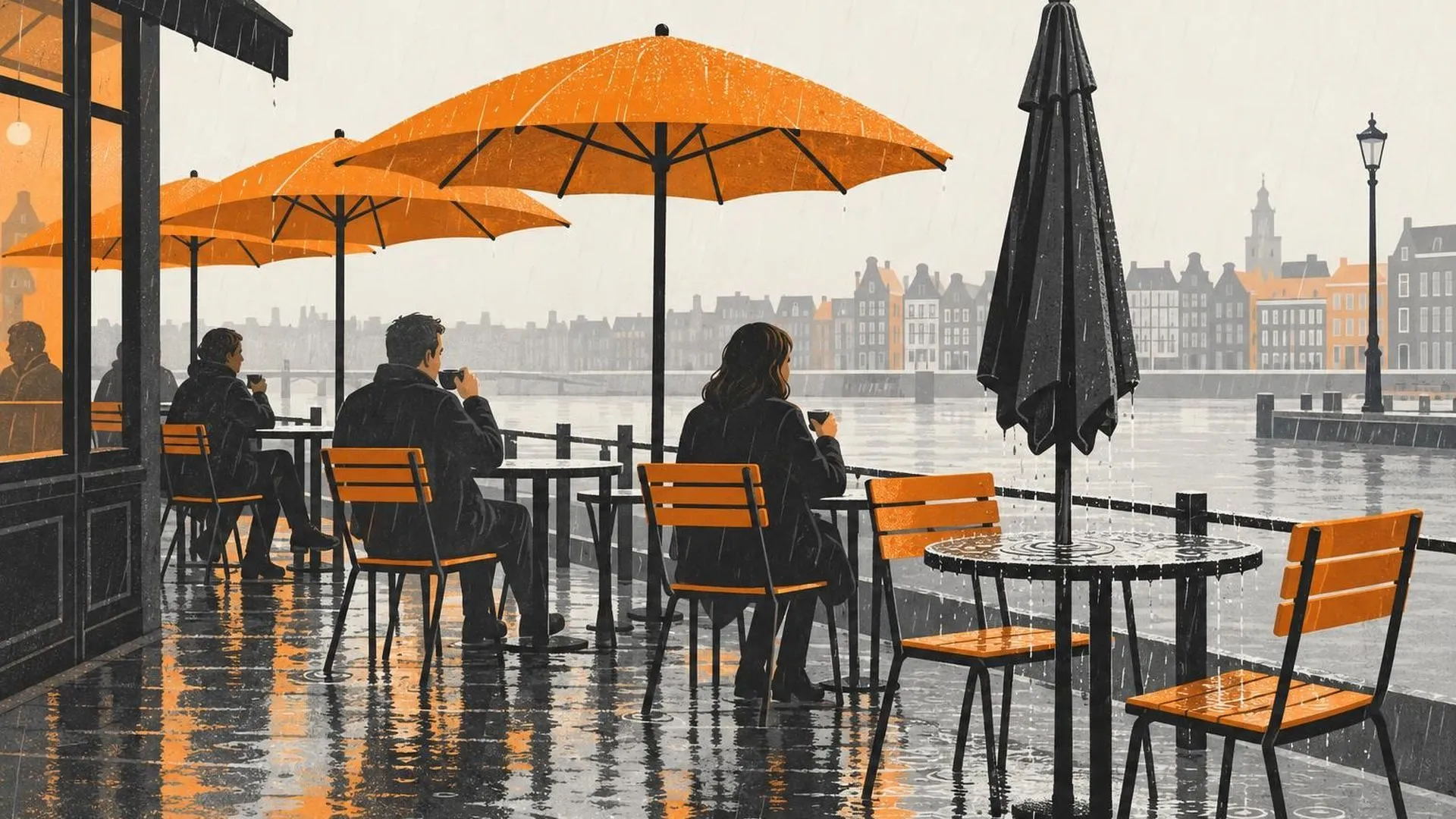 Een rij open parasols op een Nederlands caféterras in de regen, één parasol dichtgevouwen waardoor het tafeltje eronder nat wordt.