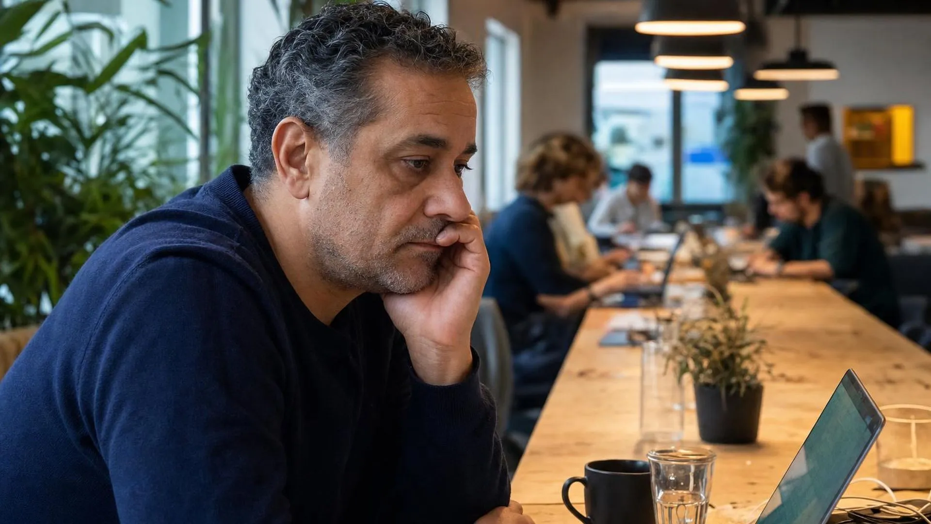 Persoon zit aan een werktafel en ziet er vermoeid en overbelast uit