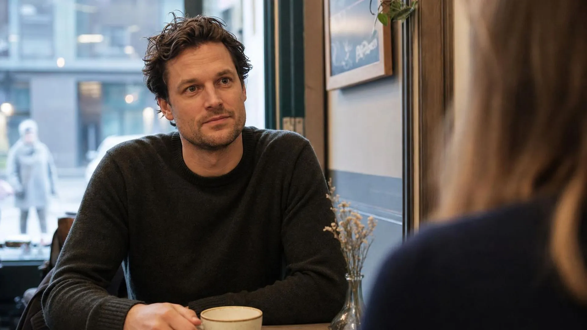 Twee mensen in gesprek aan een café tafel, één luistert aandachtig