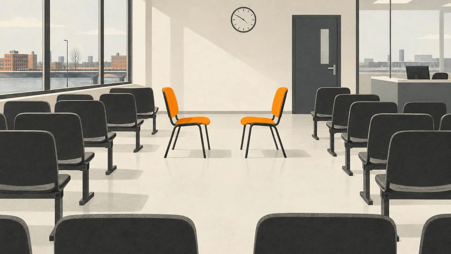 Twee stoelen staan midden in een wachtruimte recht naar elkaar toe gedraaid, omringd door rijen andere lege stoelen die allemaal dezelfde kant op staan.