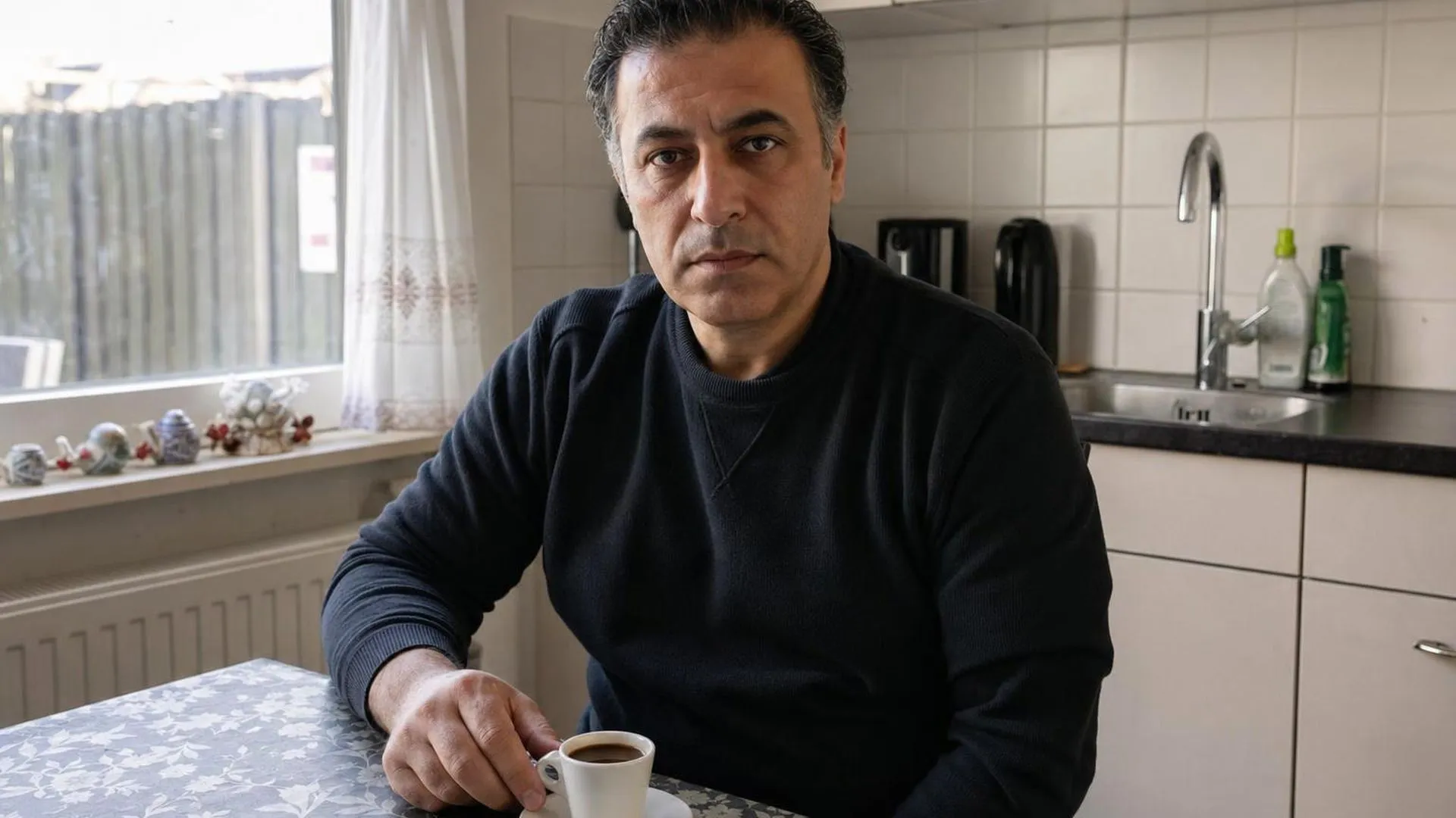 Persoon zit aan keukentafel met onaangeroerde koffie, uitgeput maar niet in slaap