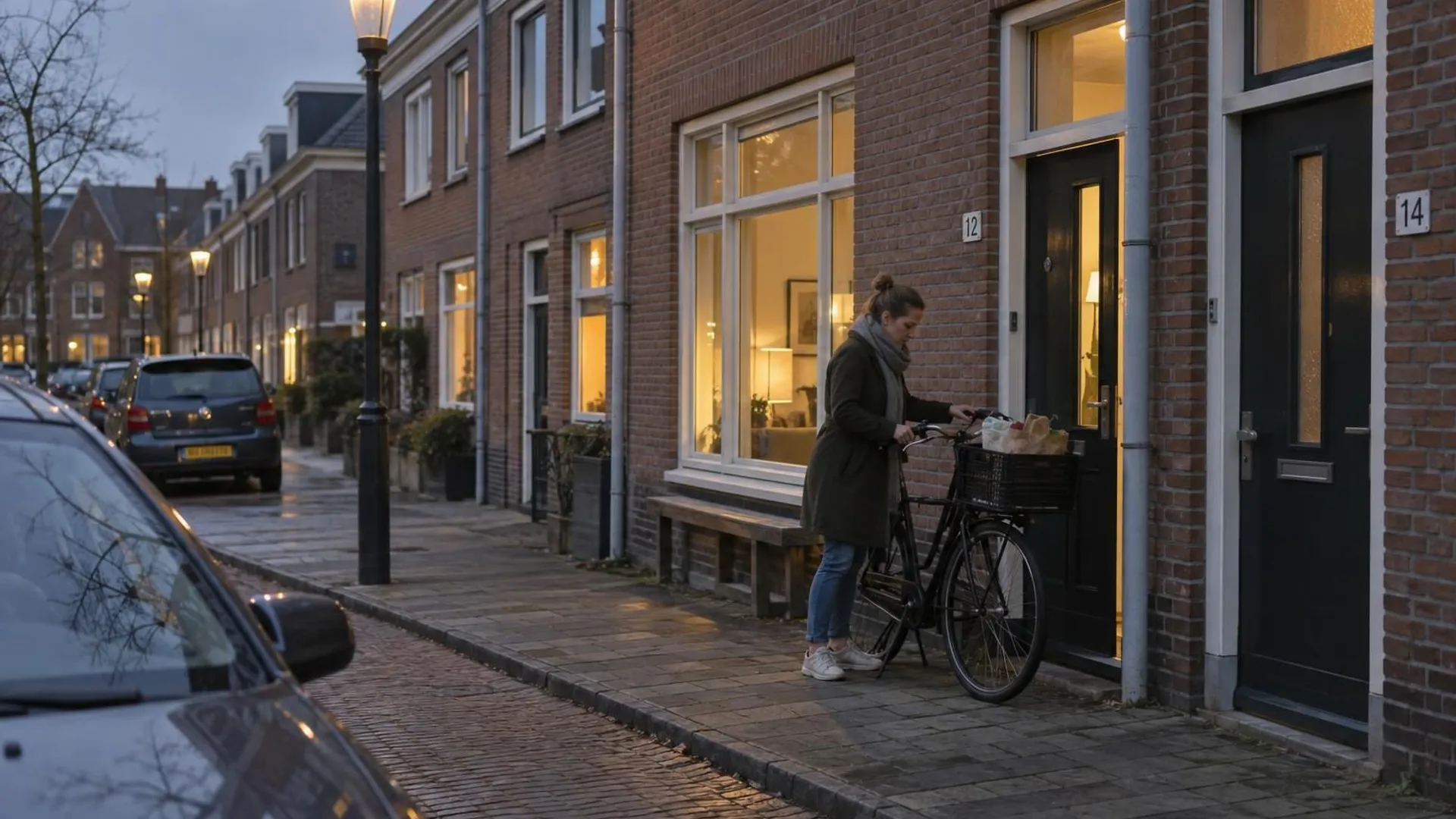 Een vrouw zet haar fiets met boodschappen voor de open voordeur van haar rijtjeshuis, in de vroege avond.