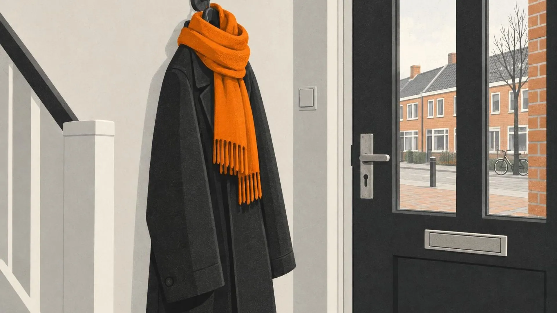 Een sjaal strak om de kraag van een jas die alleen aan een haakje bij de voordeur hangt.