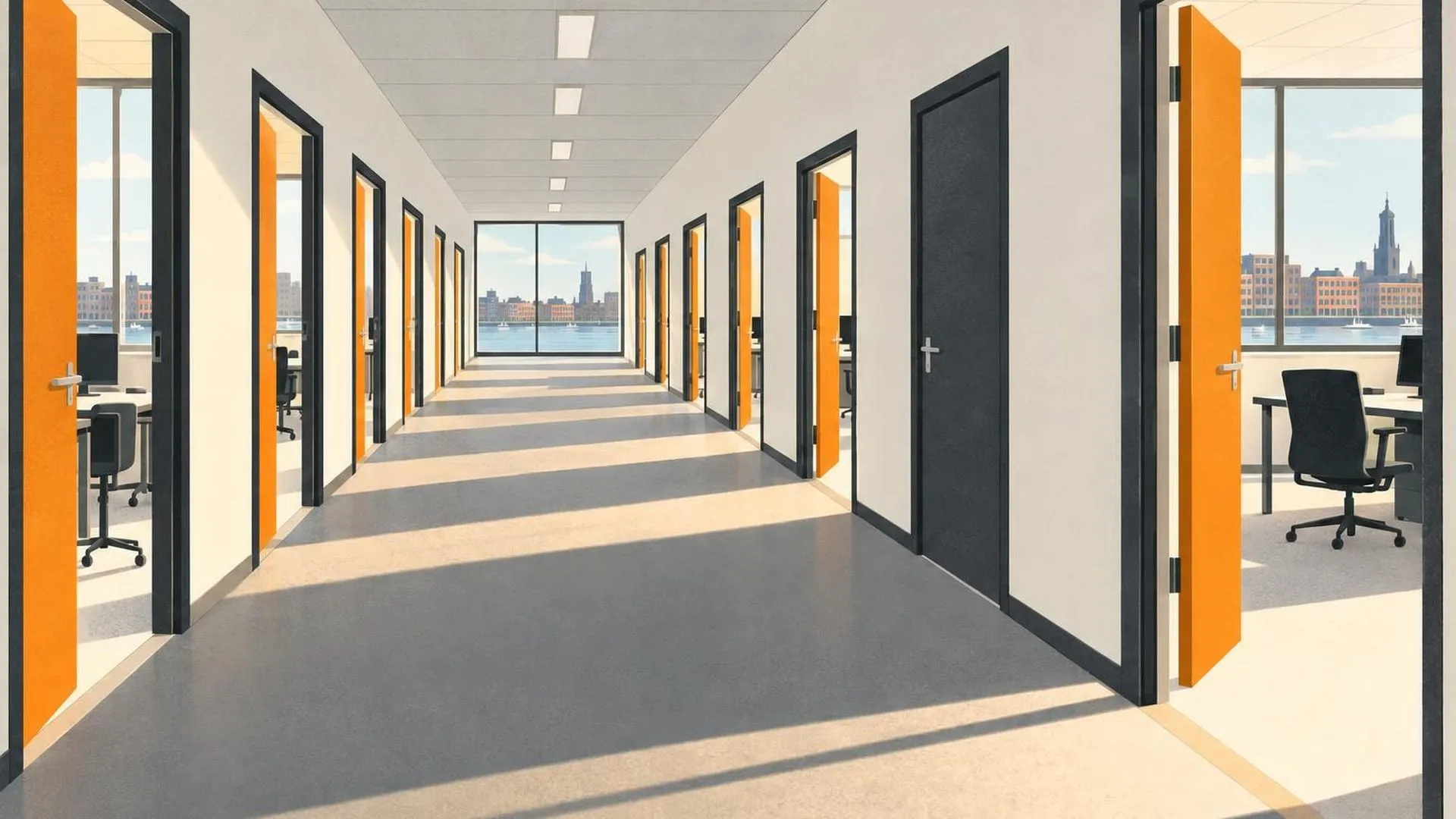 Eén gesloten deur tussen een lange rij open deuren in een kantoorgang, met daglicht uit alle andere kamers.