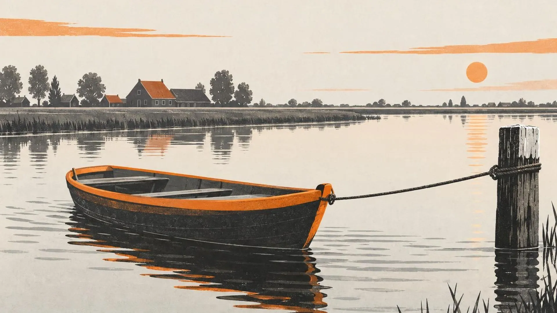 Een roeibootje op een rustige gracht, strak vastgebonden aan een meerpaal en trekkend tegen de stroom.