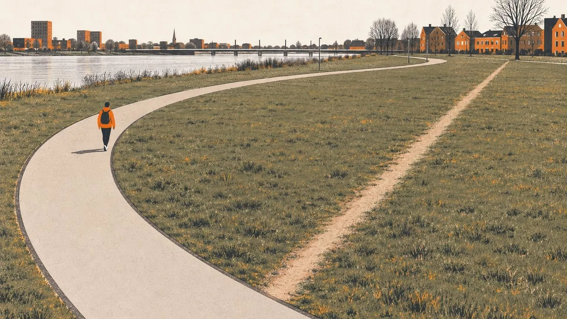 Een luchtfoto toont een rechte, ingetrapte trap door een grasveld, terwijl een verharde weg er in een wijde boog omheen loopt.