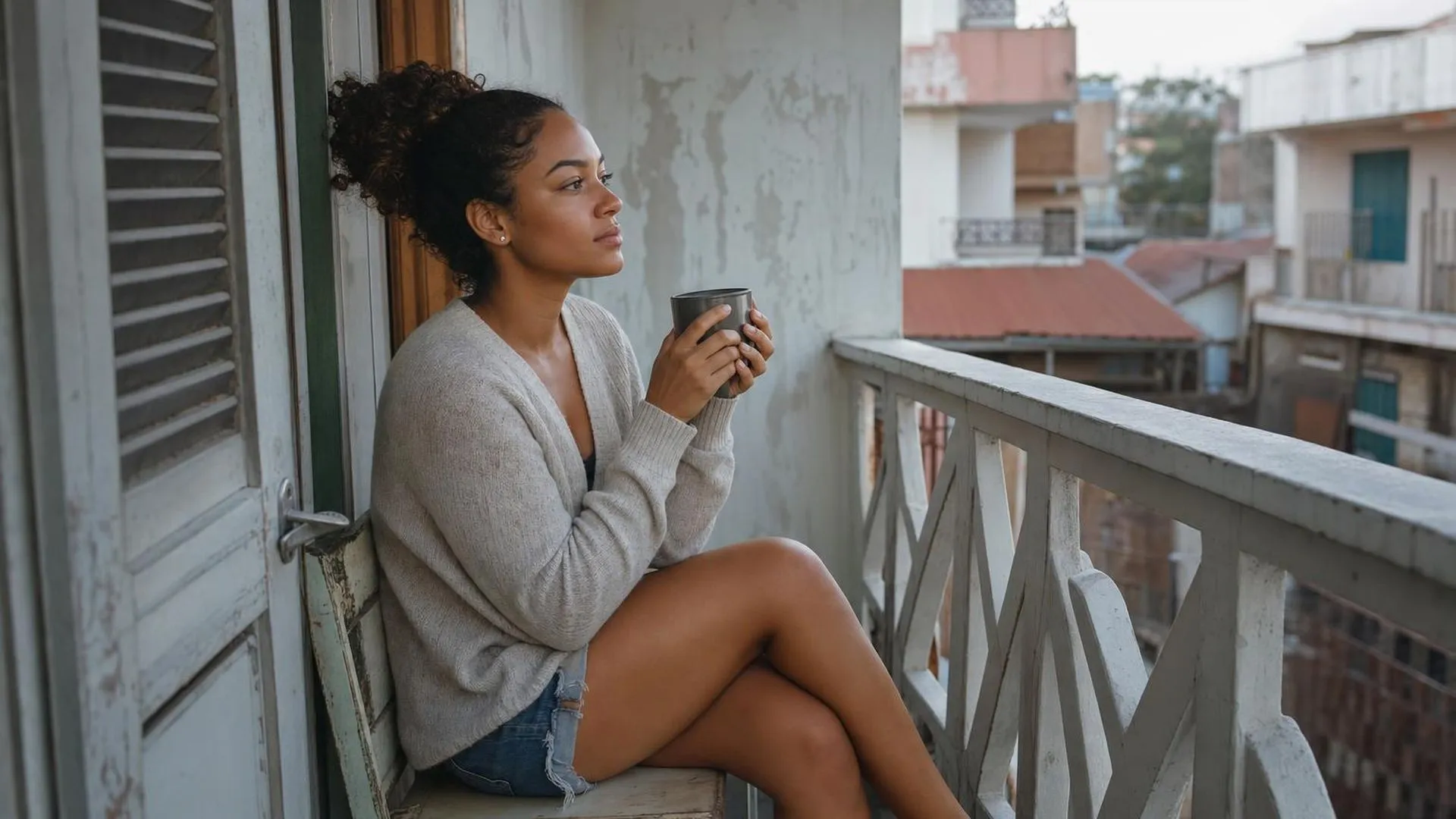 Persoon die uitgeput op een balkon zit met een mok koffie in de ochtend