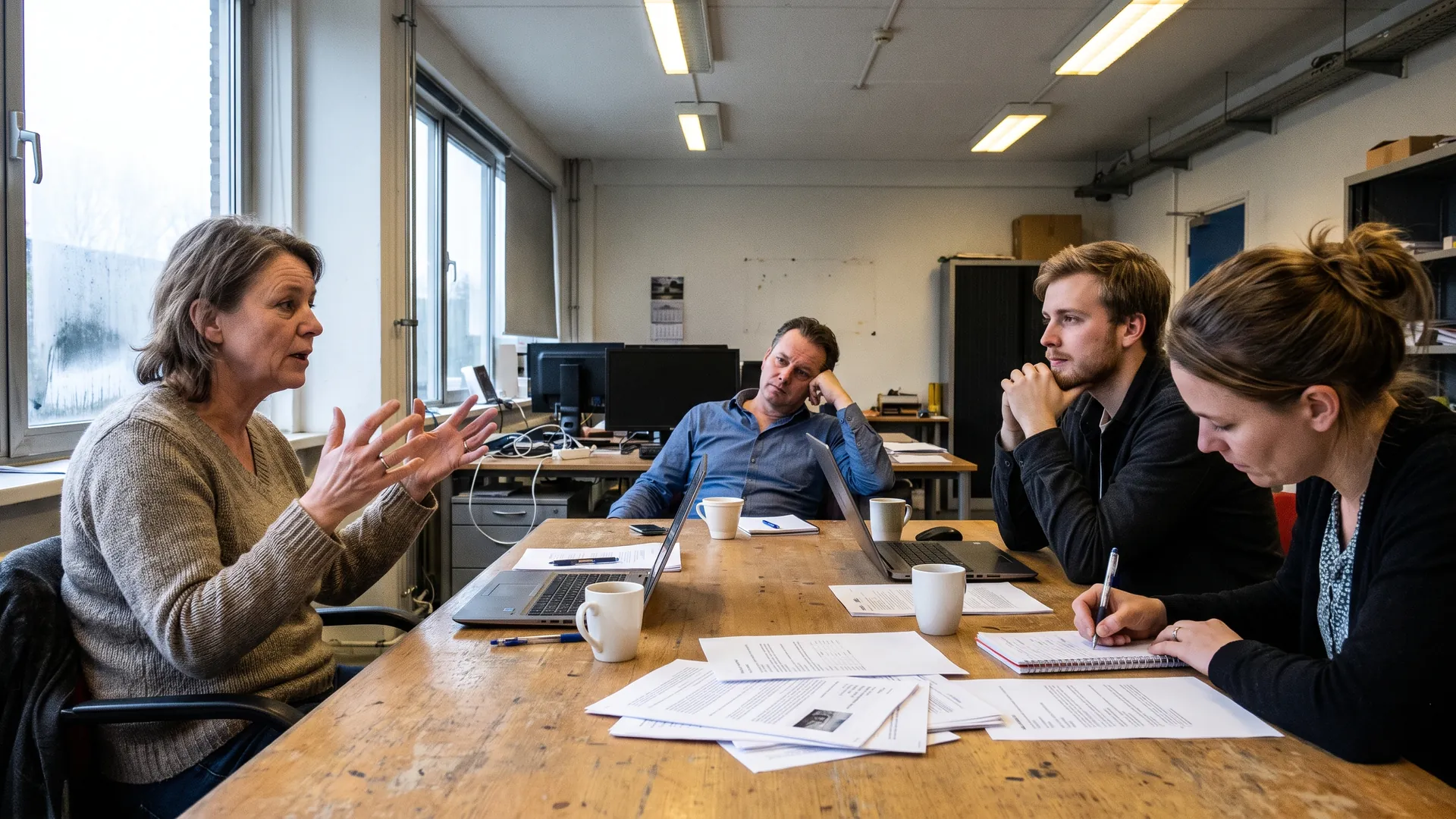 Vier collega’s aan een overlegtafel op kantoor, waarbij een vrouw van in de vijftig vertelt en de anderen luisteren