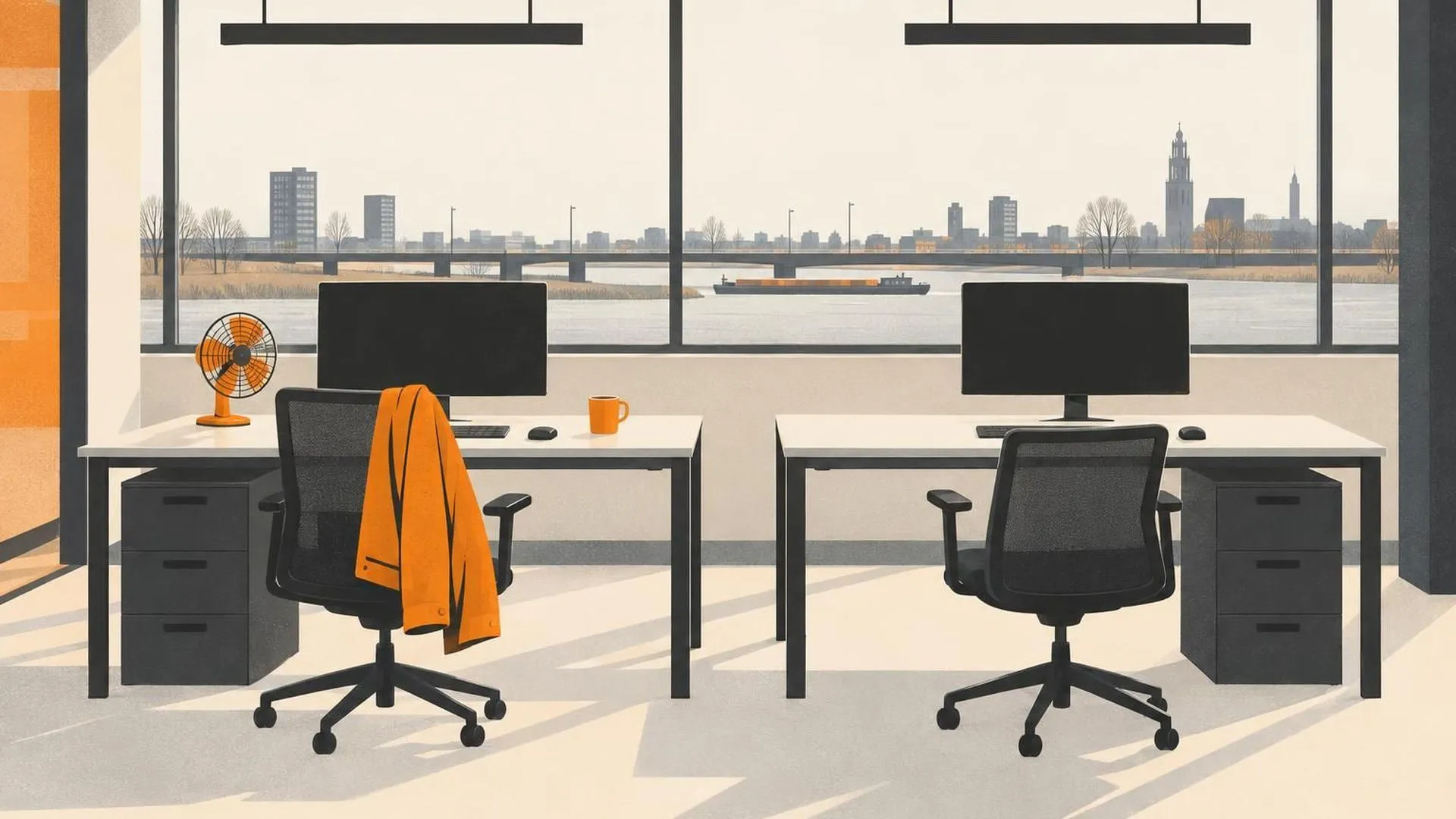 Twee identieke bureaus naast elkaar: op het ene een klein ventilatortje en een jasje over de stoel, het andere leeg en onaangeroerd.