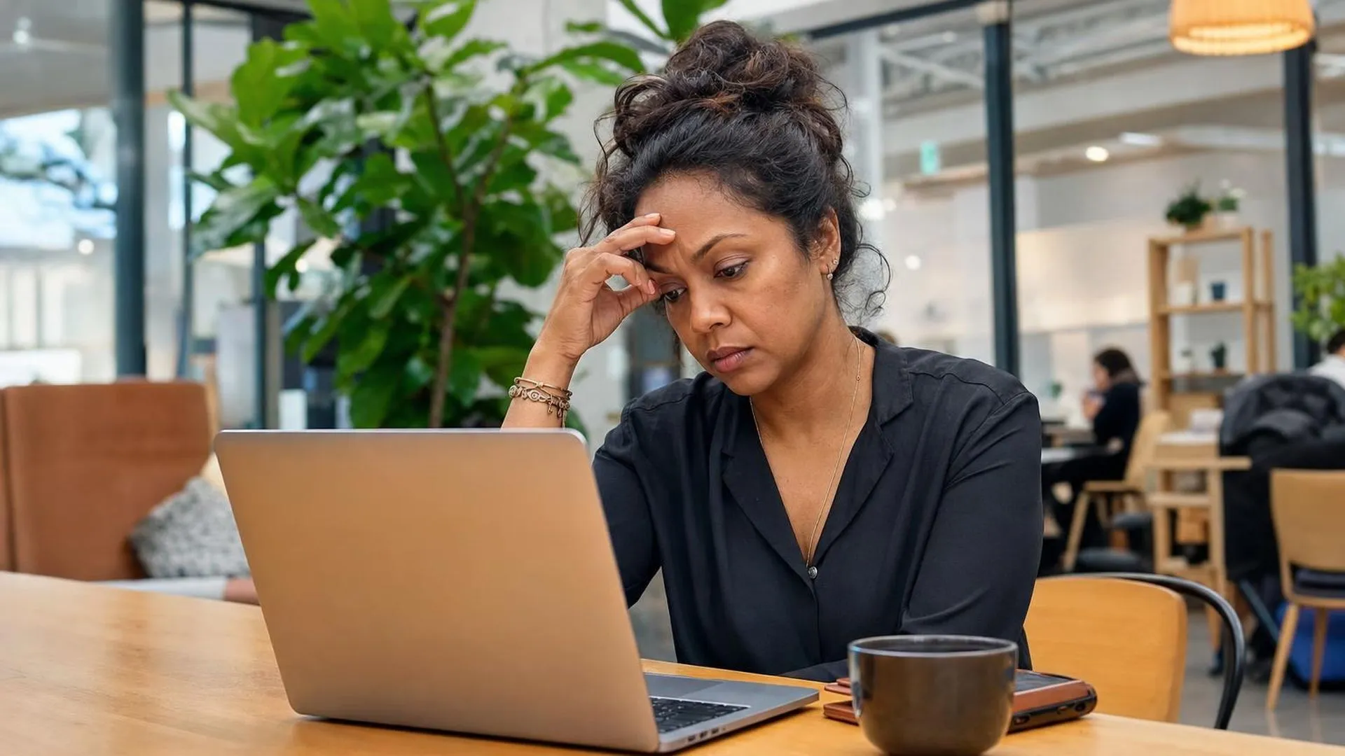 Persoon zit uitgeput aan een bureau in een café en kijkt naar een laptop