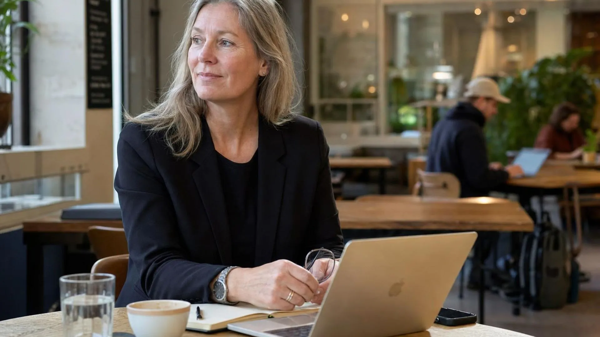 Persoon die overwhelmed kijkt aan een werktafel in een café
