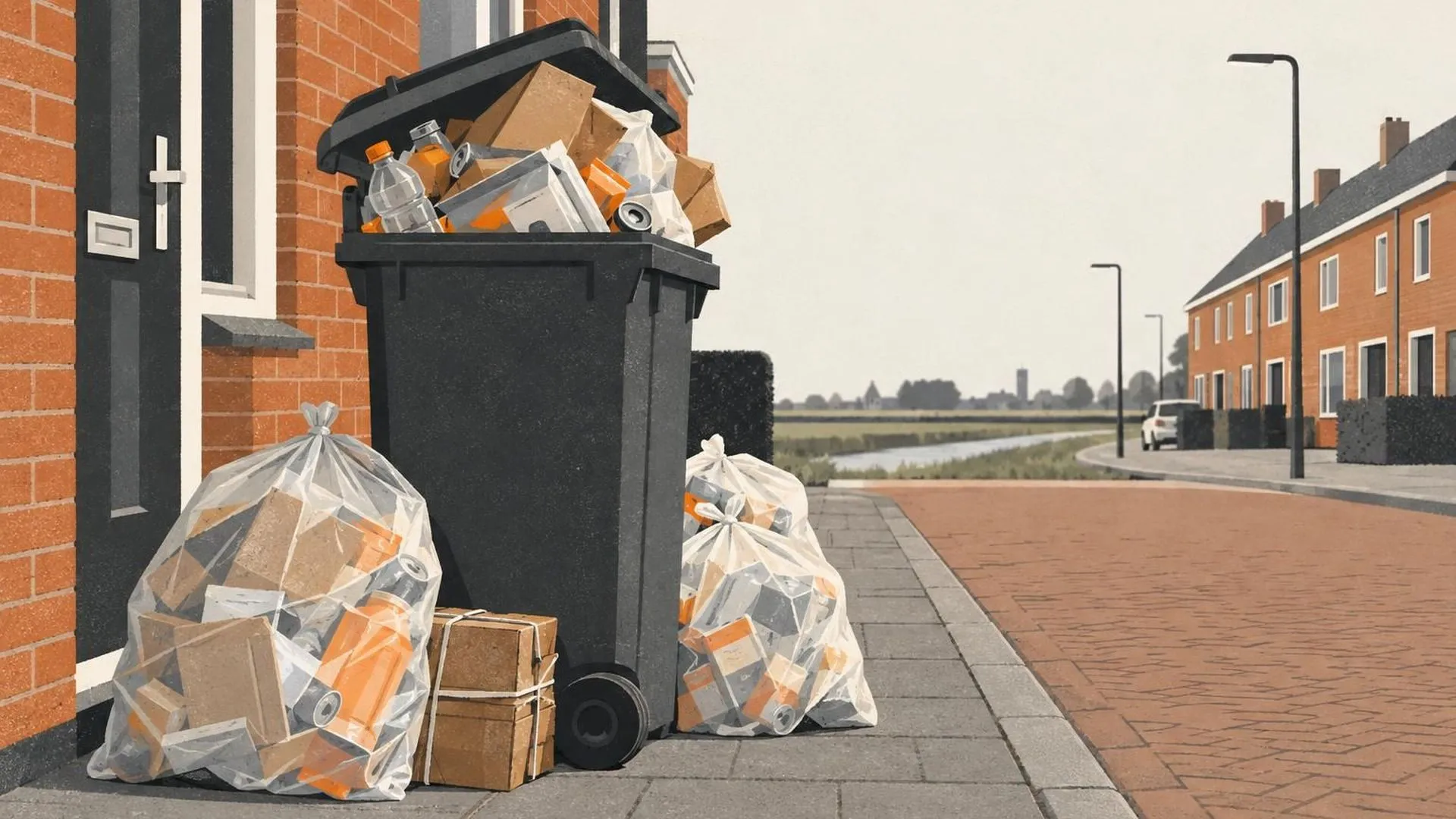 Een overvolle afvalbak buiten een huis, met extra zakken ernaast na een paar gemiste ophaaldagen.
