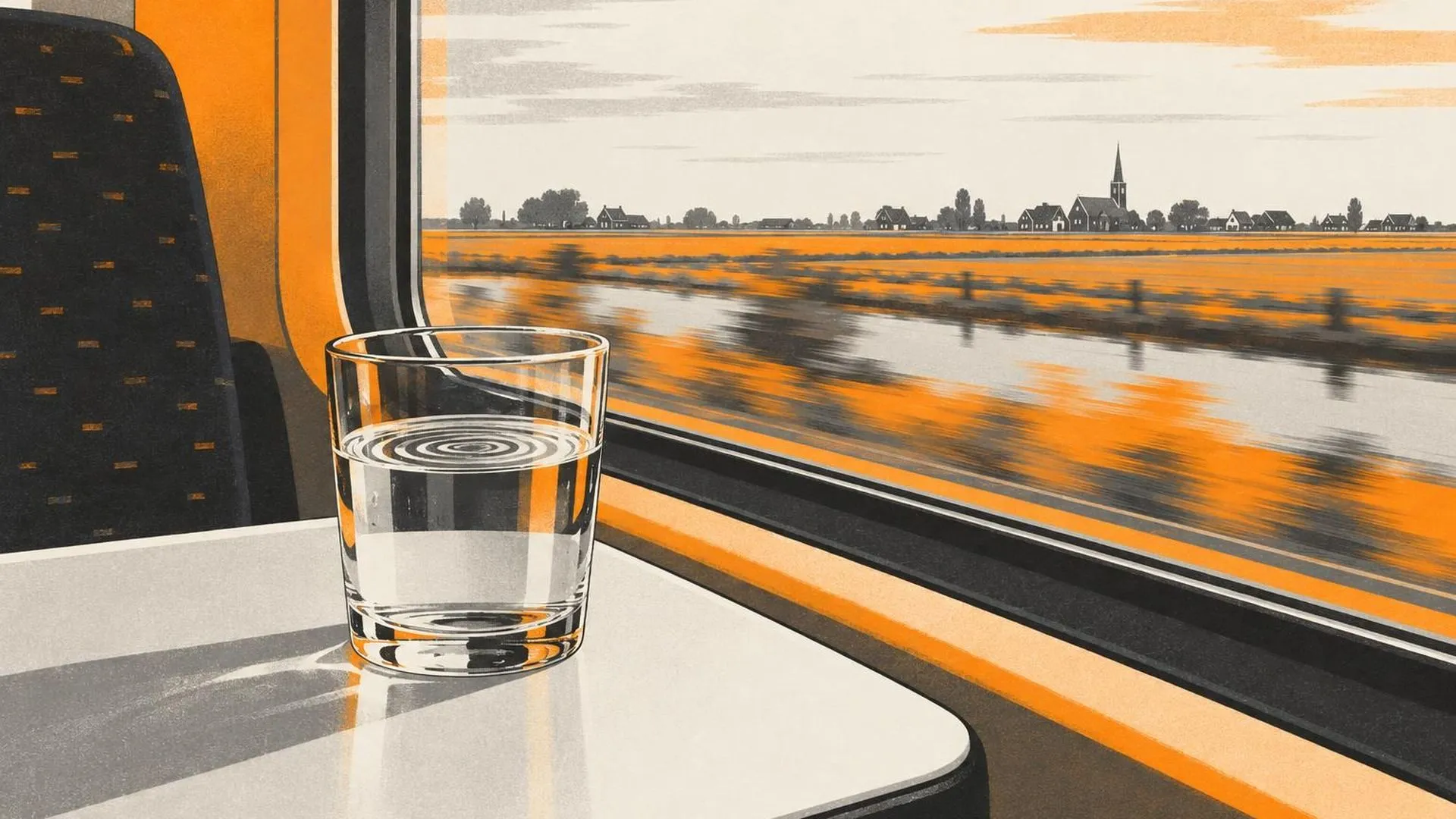 Een glas water op een treintafeltje dat trilt in kringen, met een wazig landschap voorbij het raam.
