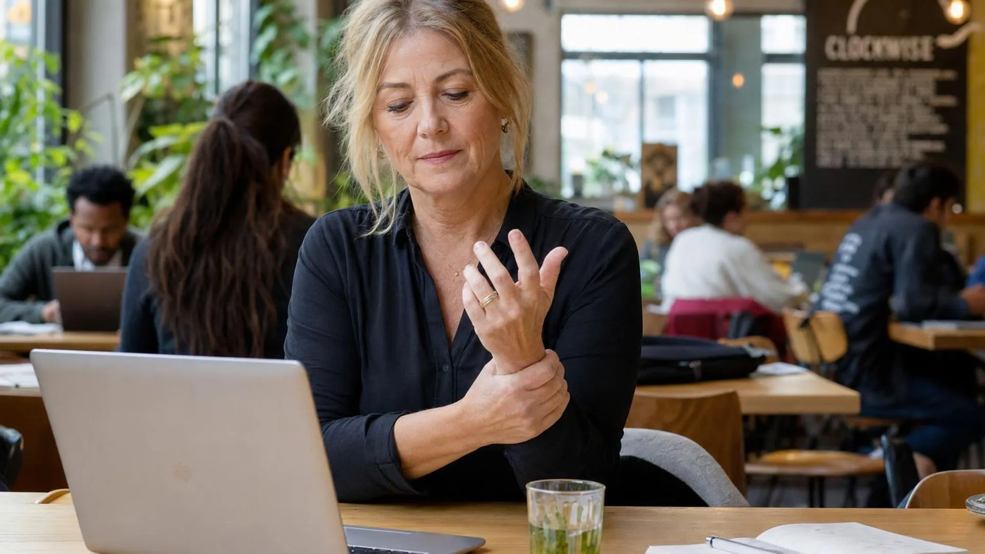 Persoon wrijft over tintelende handen aan een cafétafel