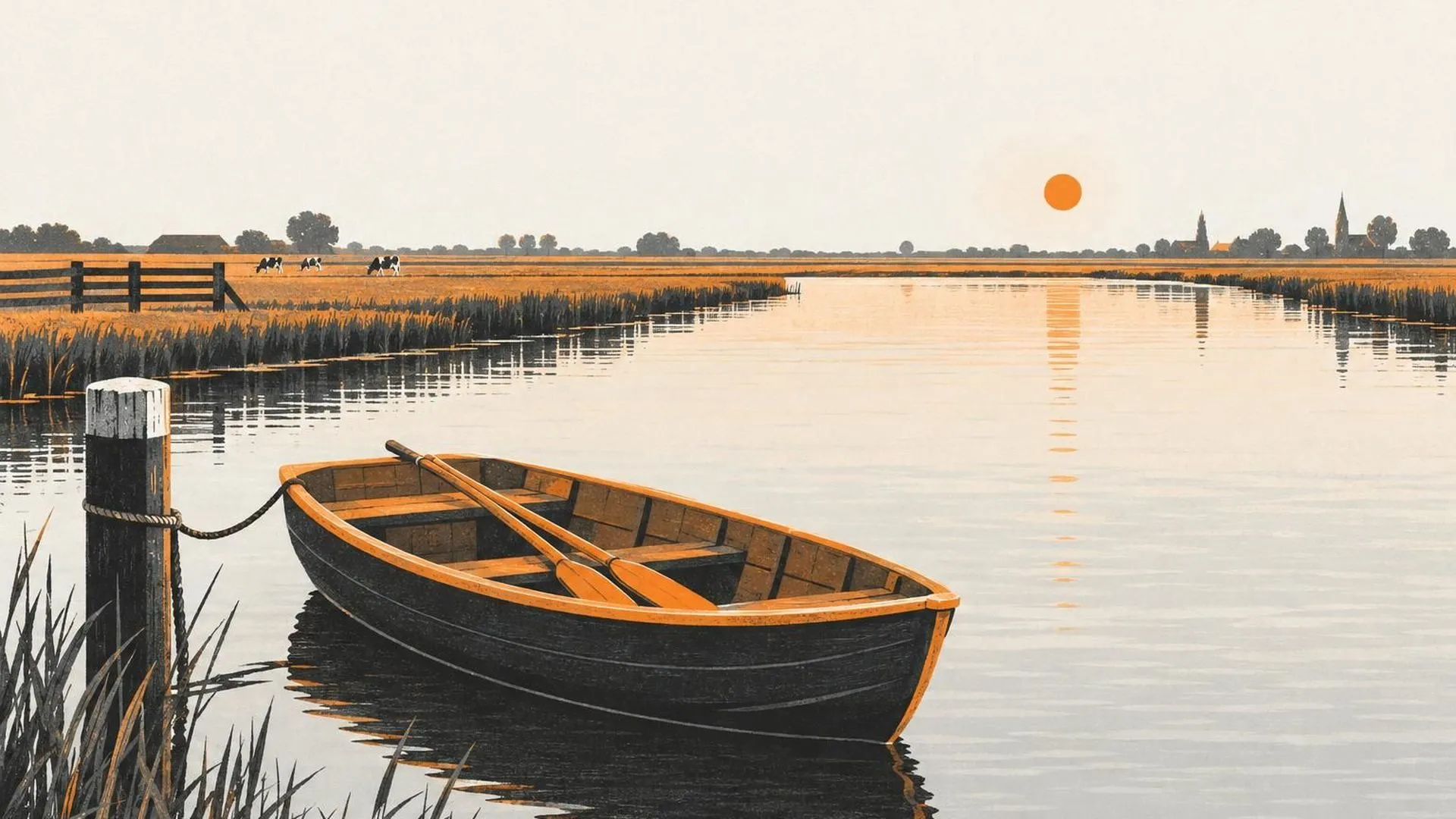 Een kleine roeiboot ligt los aangemeerd aan een paal in een rustig kanaal, de riemen liggen ongebruikt in de boot, met een vlakke horizon op de achtergrond.