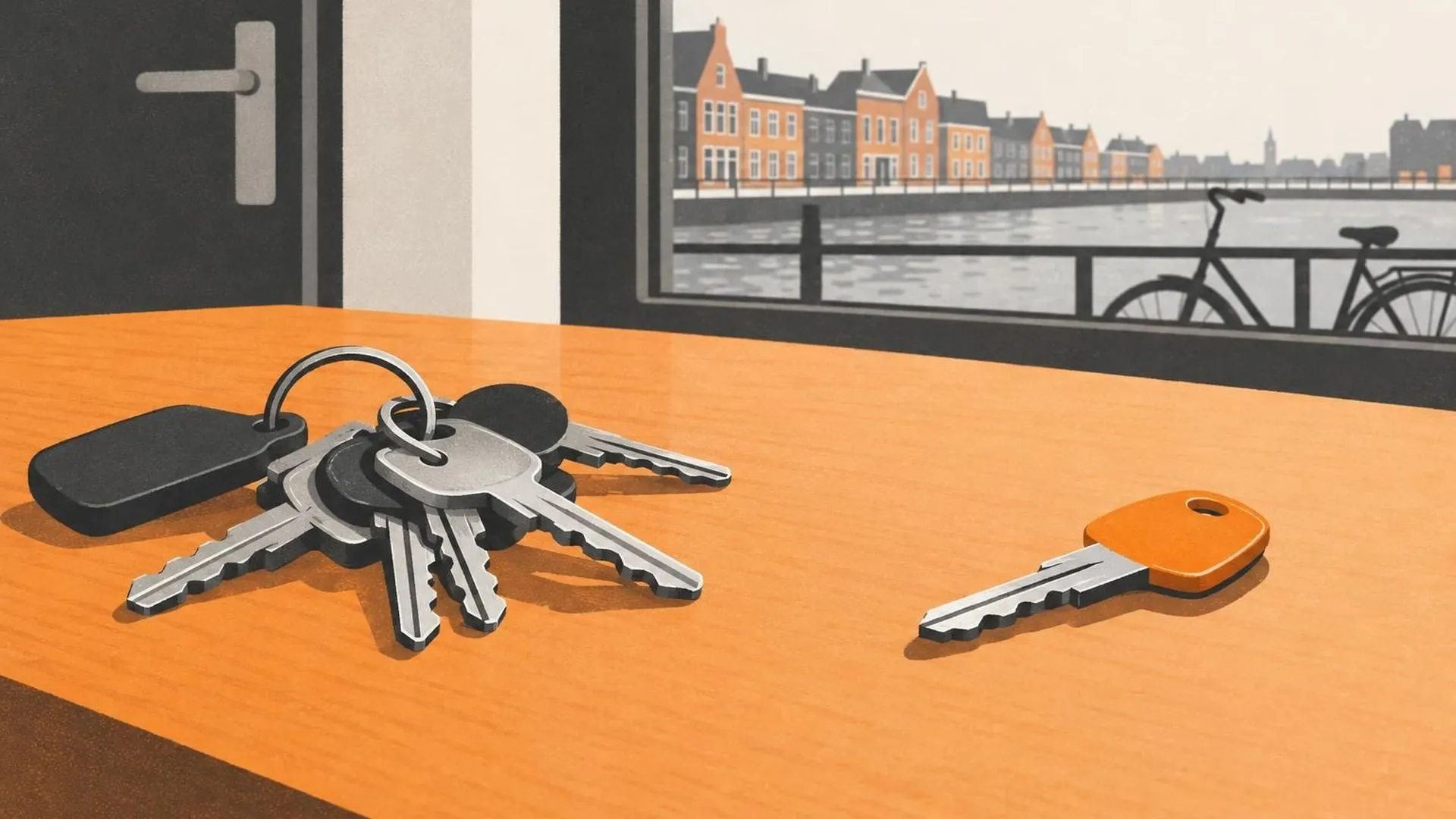 Een sleutelbos op een tafel waarvan één sleutel apart is neergelegd van de rest.
