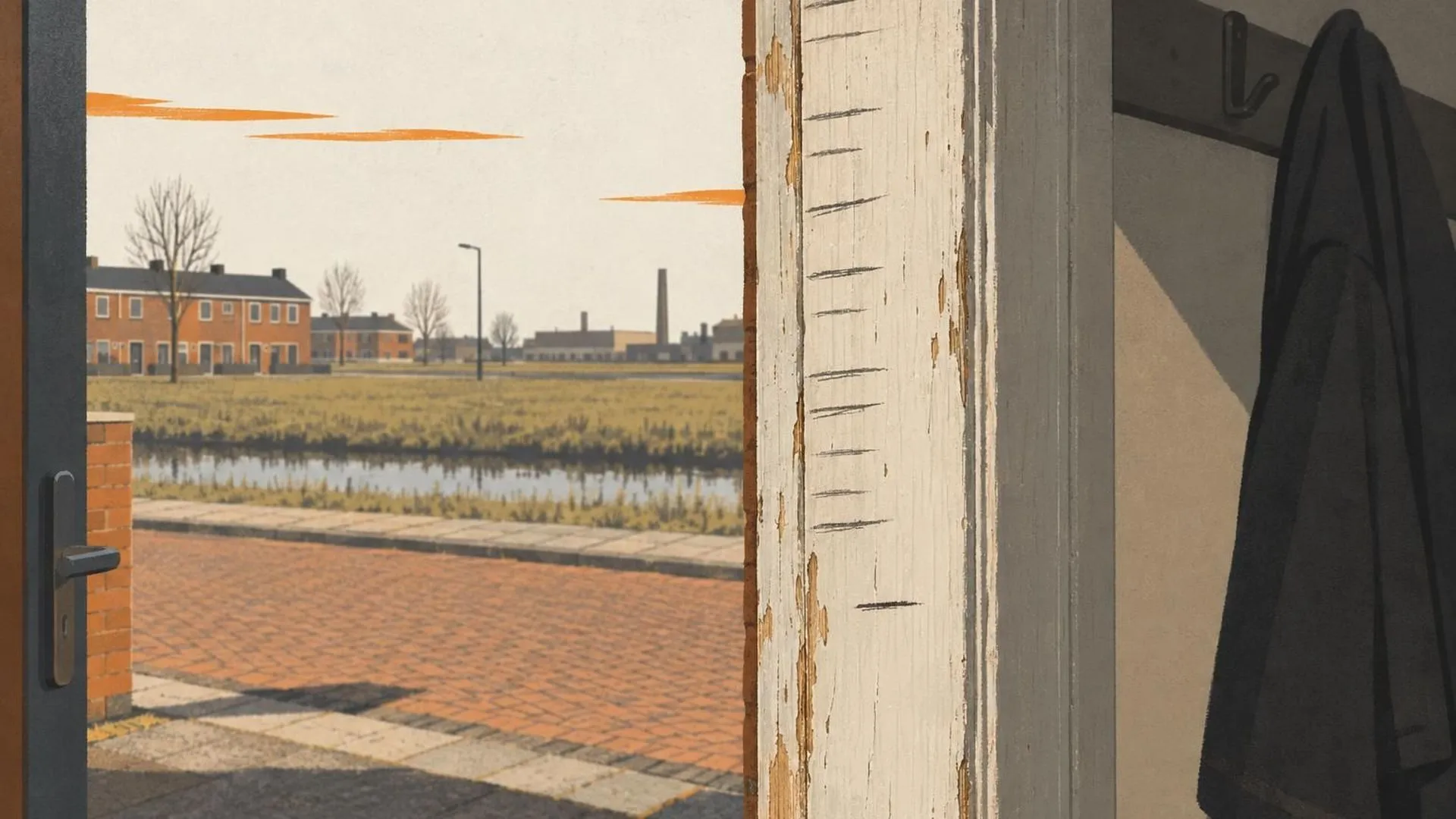 Een deurpost met potloodstreepjes die iemands lengte bijhouden, waarbij het laatste streepje lager staat dan het vorige