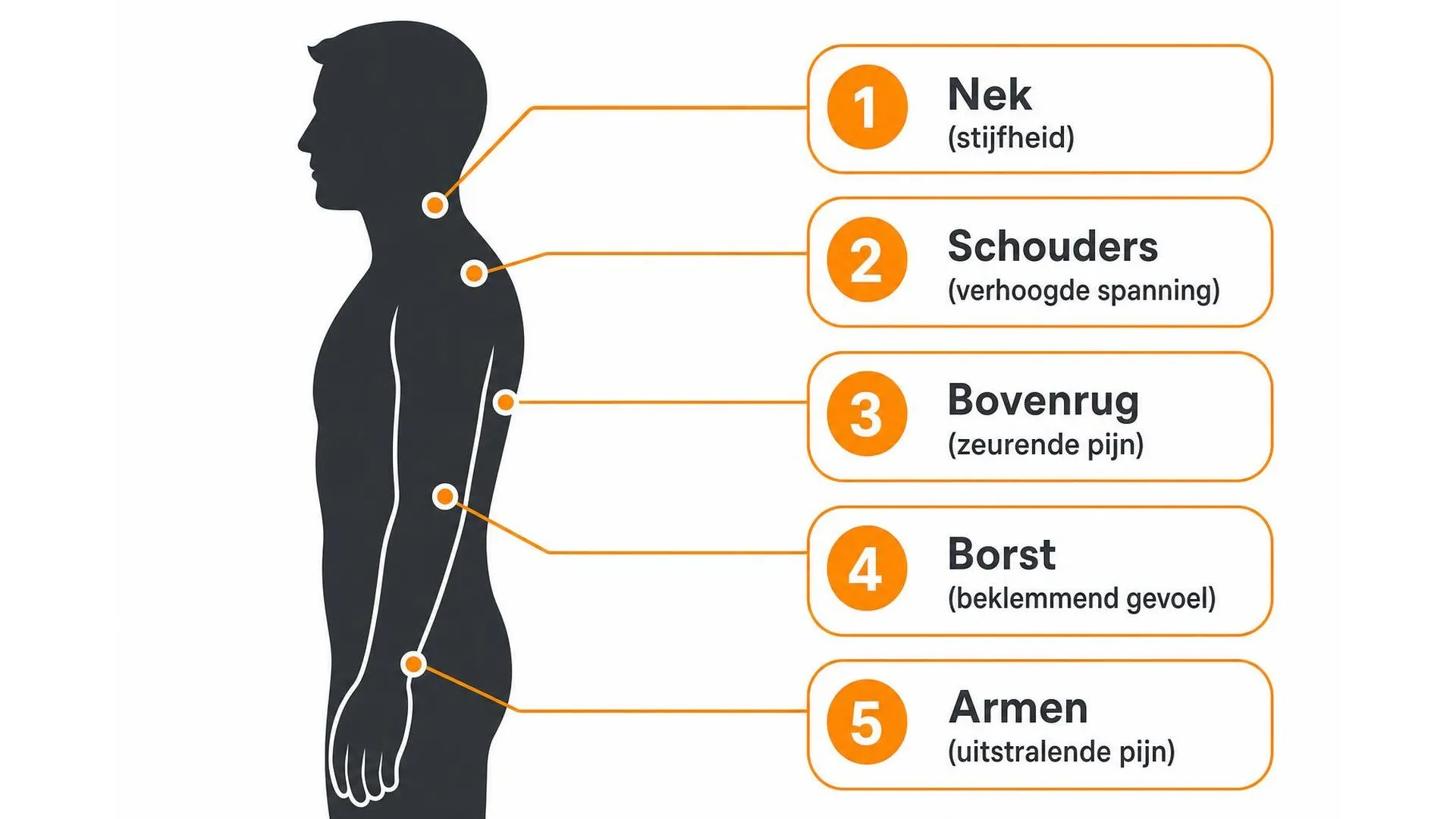 Lichaamsdiagram met vijf plekken waar stressspanning zich kan uiten, van nek tot armen