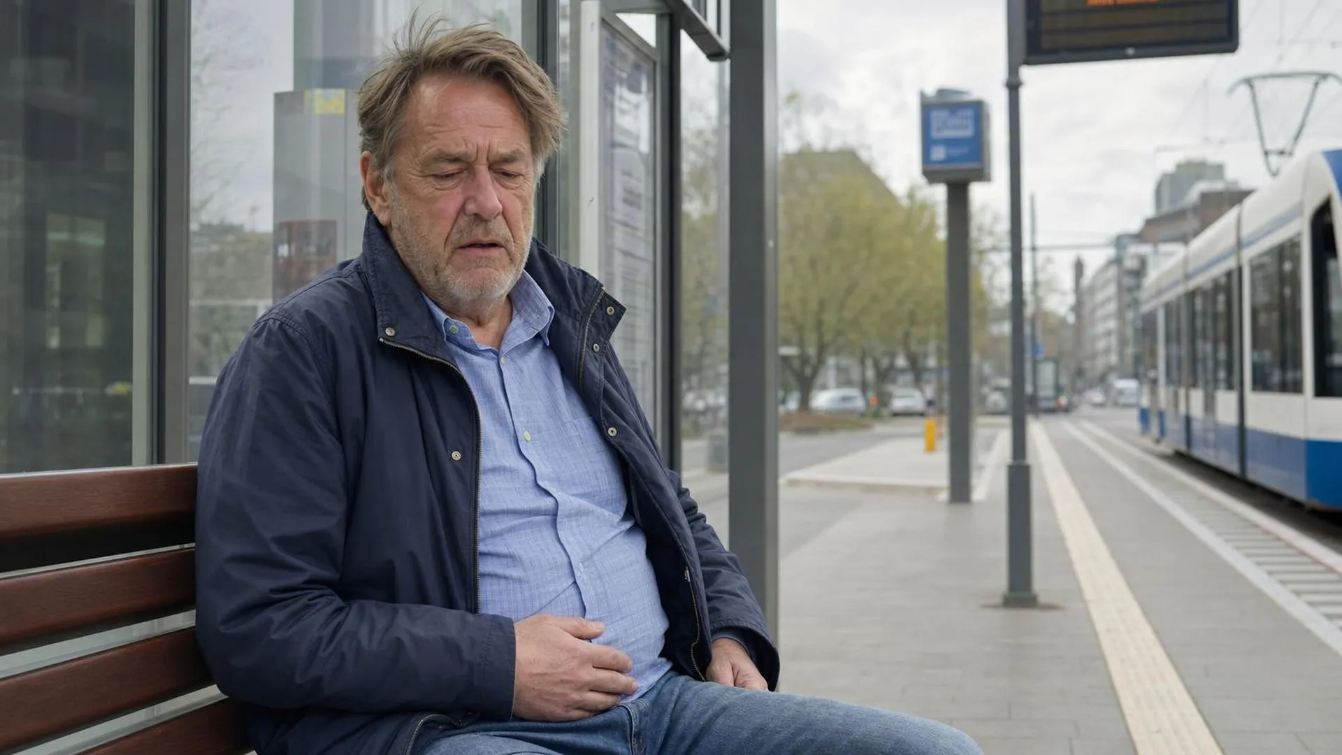Persoon zit op een bankje op een tramstation met hand op de buik, zichtbaar vermoeid