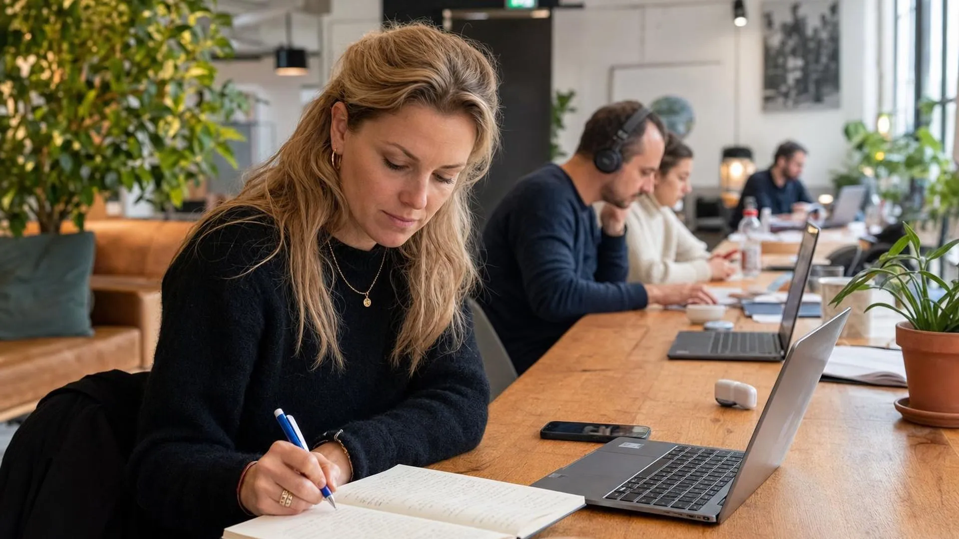 Persoon zit aan een werkplek en kijkt afwezig naar notitieboek