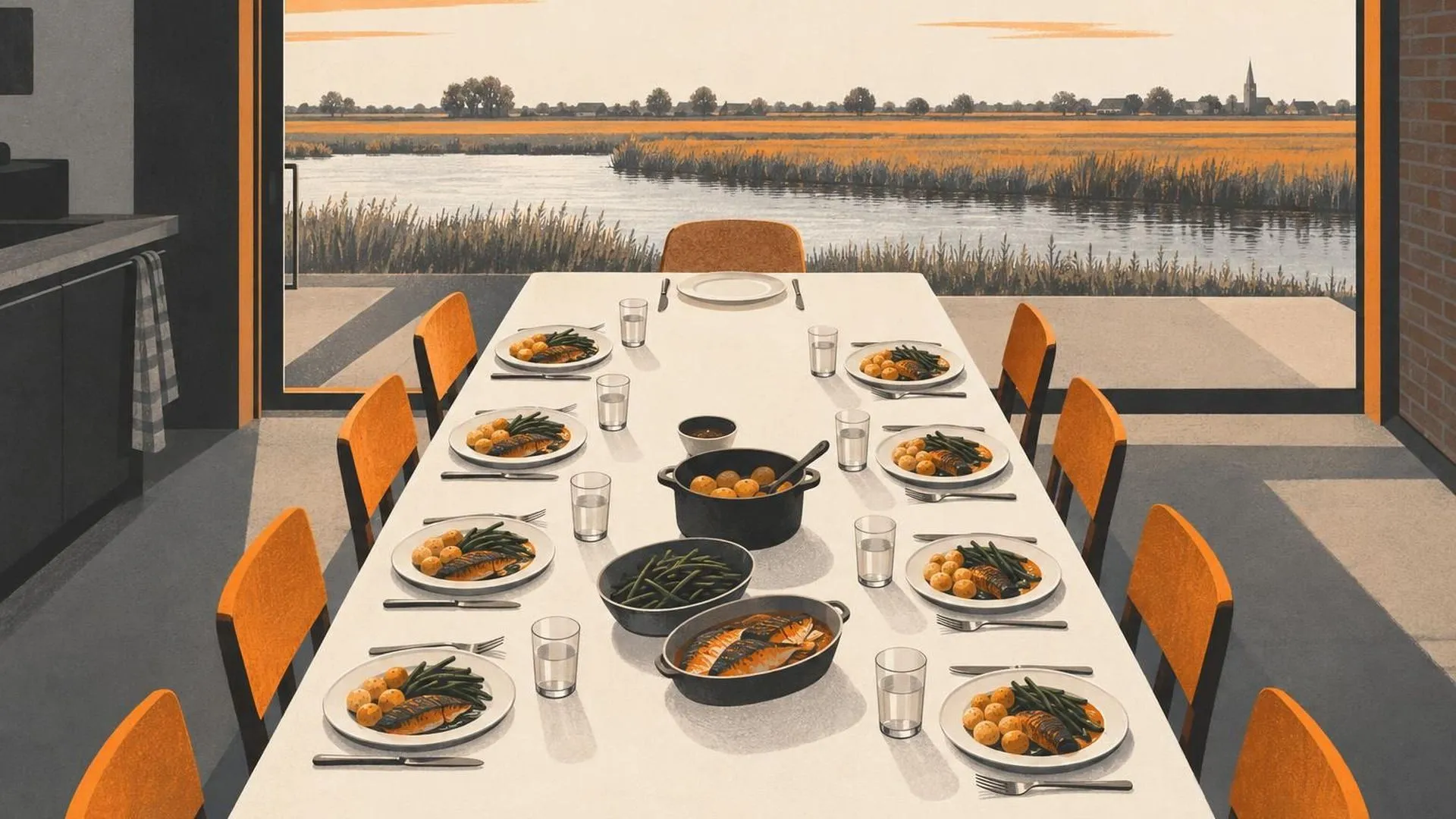 Bovenaanzicht van een lange eettafel met volle borden op elke plek, behalve één lege plek aan het eind.