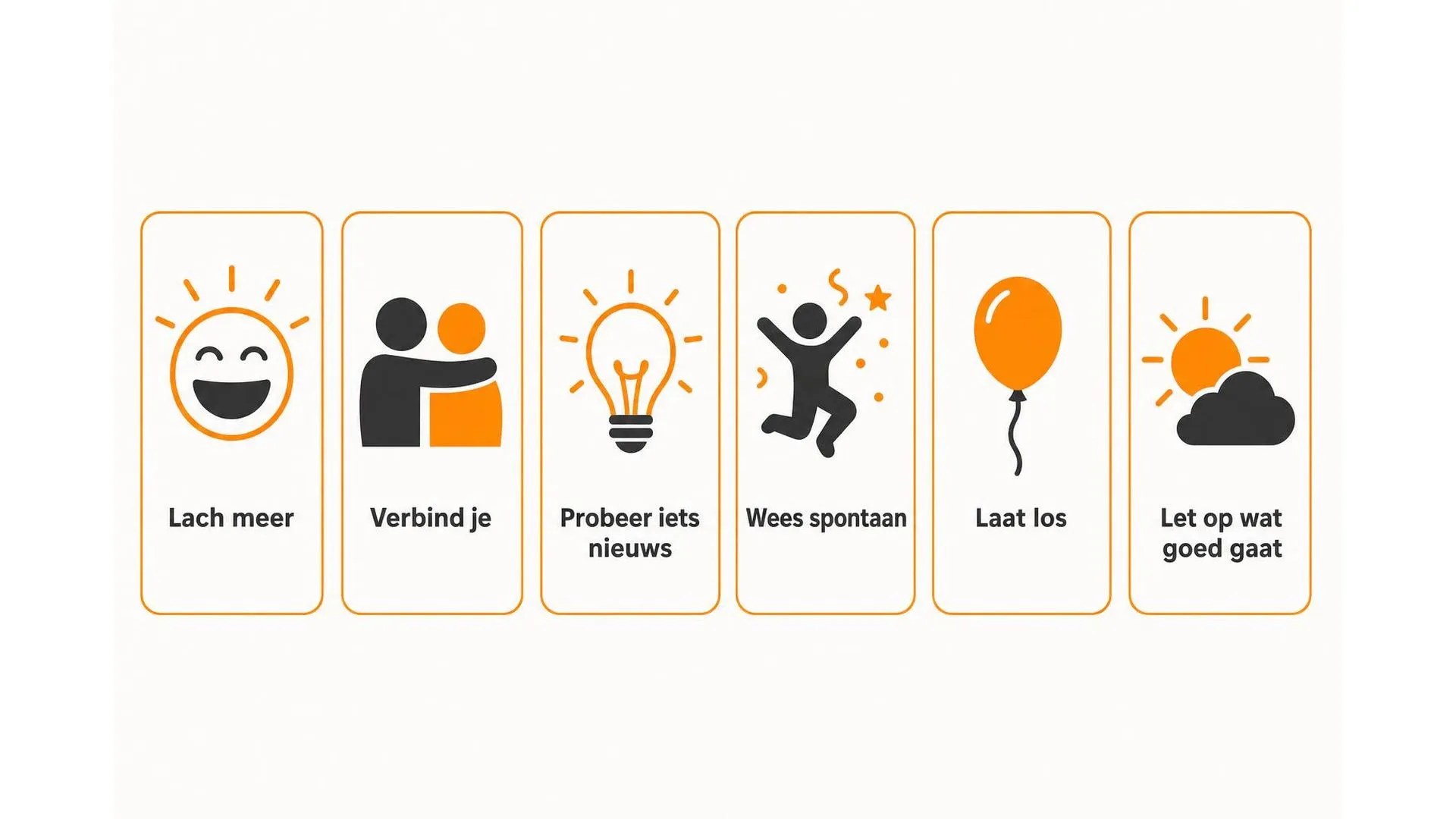 Zes tips voor meer plezier in je dagelijkse leven weergegeven als icoontjes