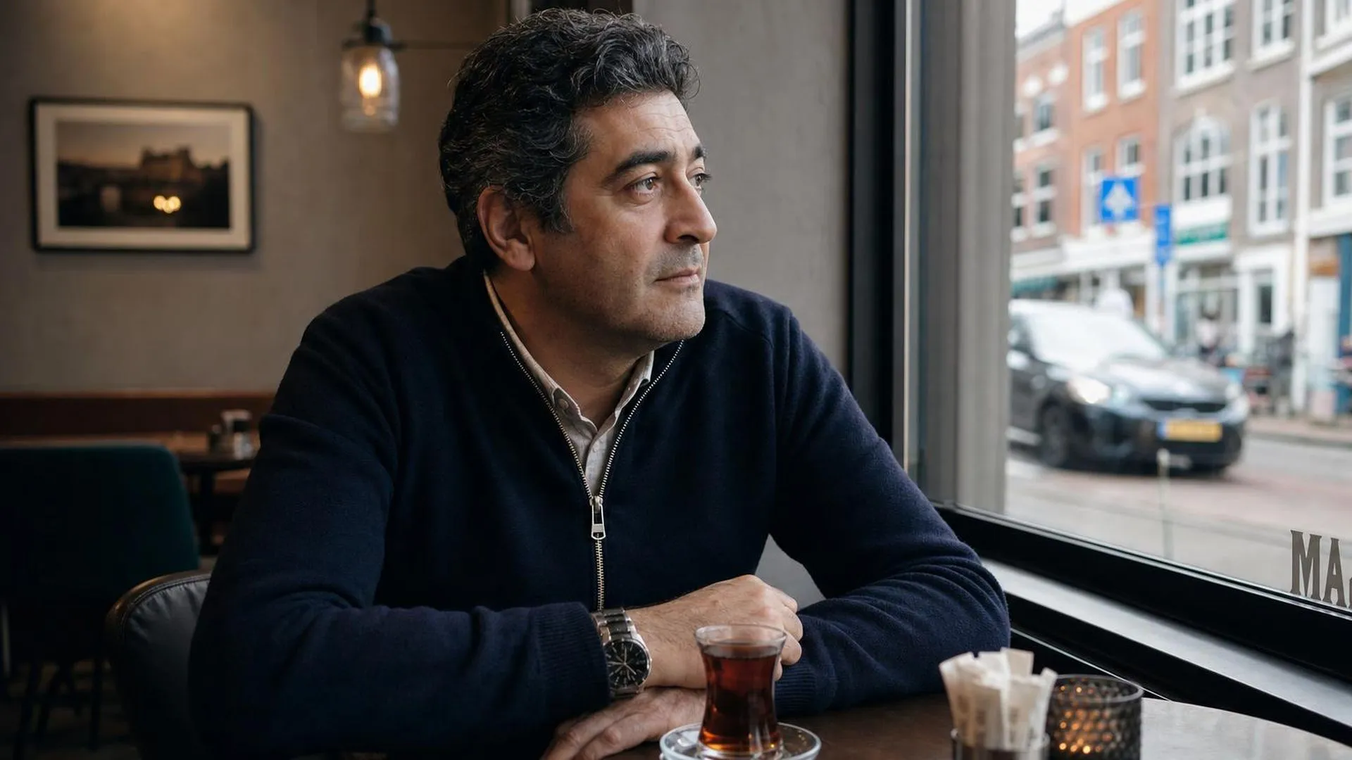 Persoon zit peinzend bij een raam in een café met een kopje thee