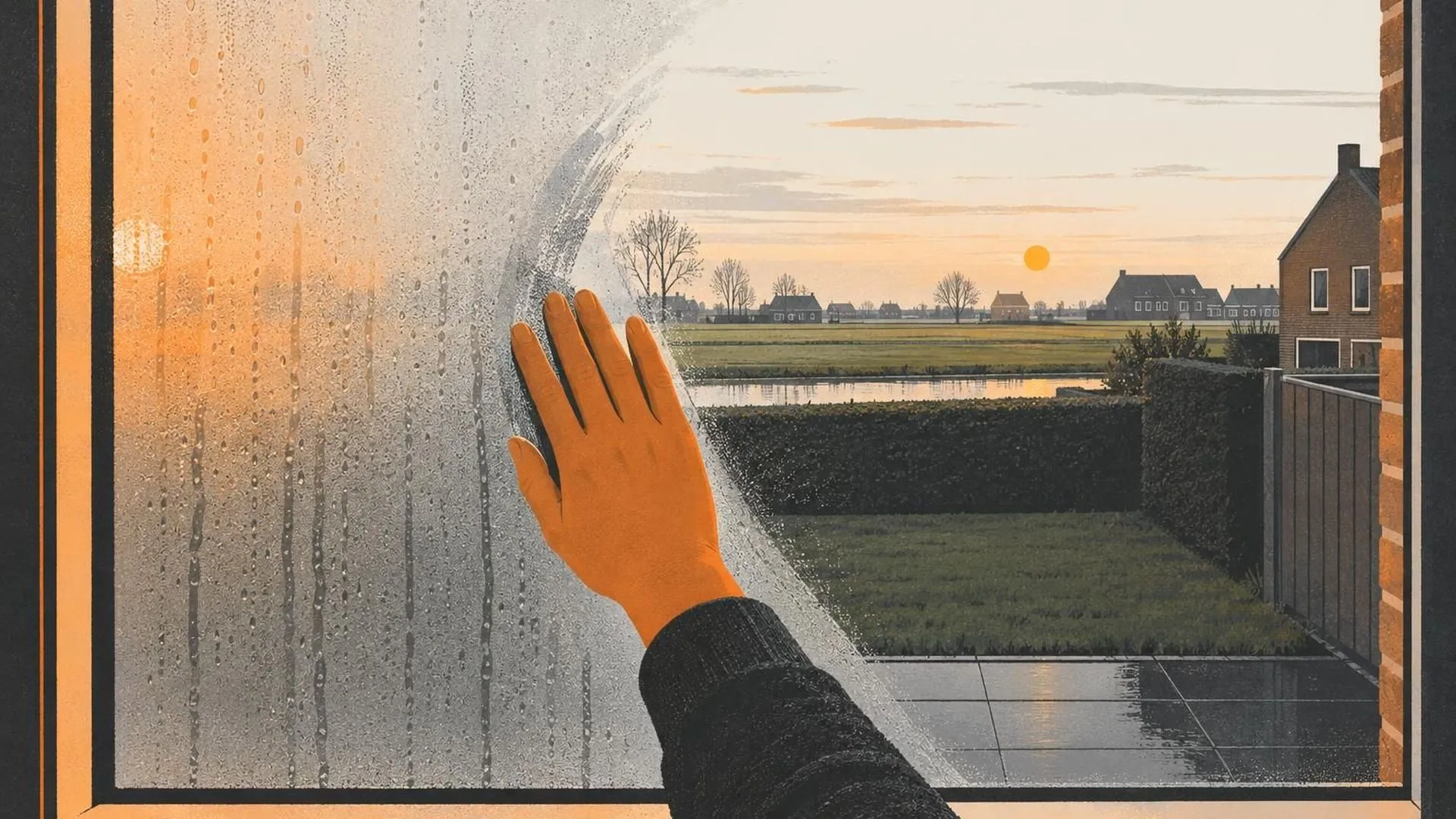Een raam waarvan de ene helft beslagen is en de andere helft schoongeveegd, met een tuin erachter.