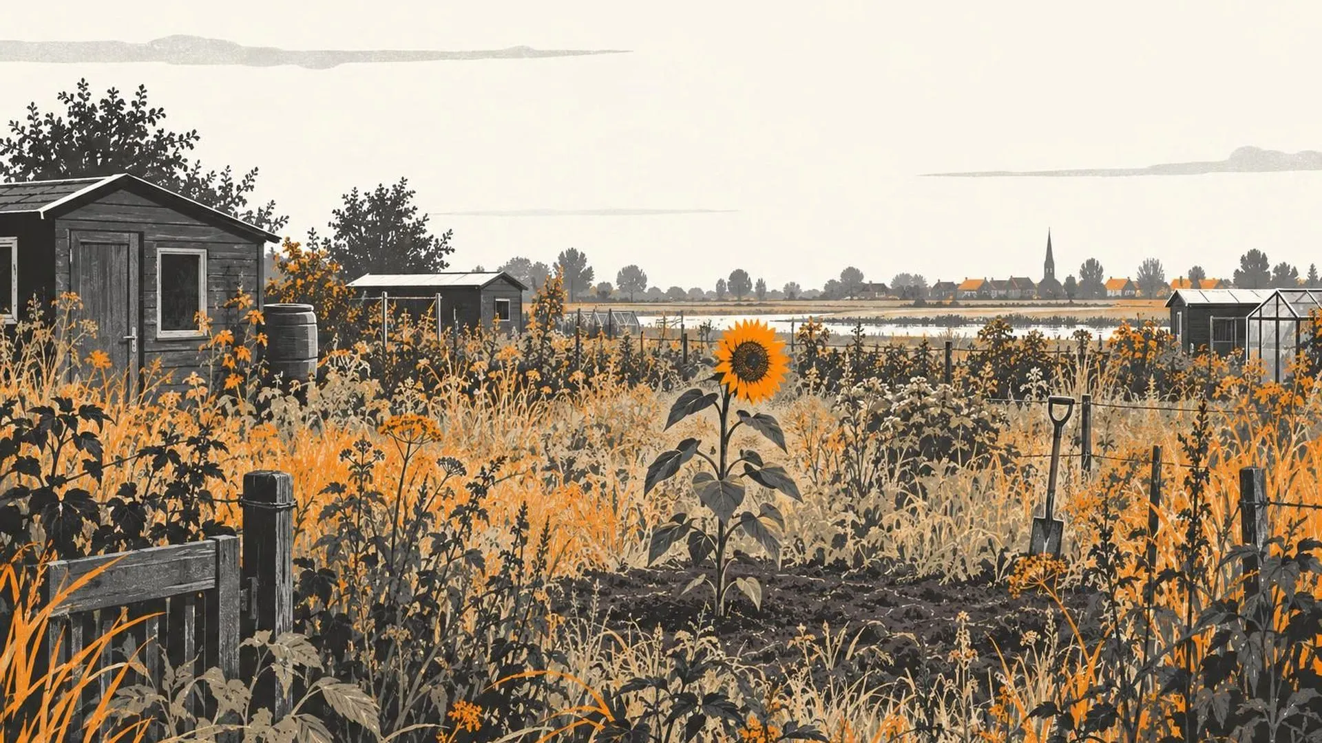 Een verwilderde volkstuin met schuurtjes op de achtergrond, waar in één klein opgeruimd plekje tussen het onkruid een enkele zonnebloem groeit.