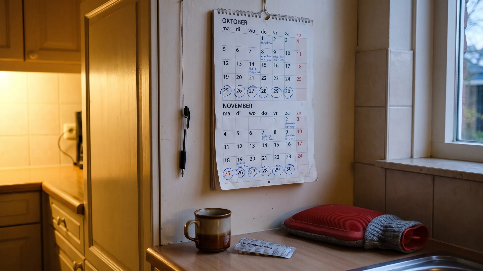 Keukenkalender waarop in twee maanden achter elkaar dezelfde dagen zijn omcirkeld, met een kruik en een strip paracetamol op het aanrecht